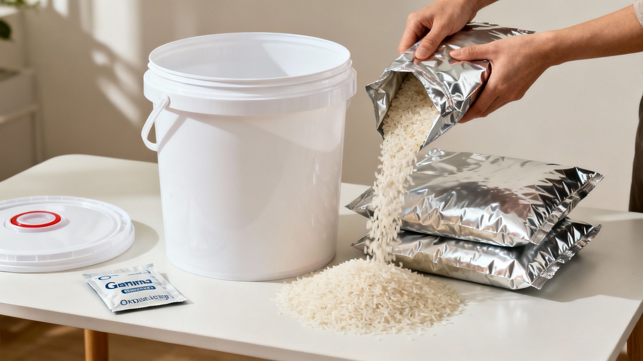 Hands pouring white rice from a silver bag onto a table next to a large white storage bucket and oxygen absorber.