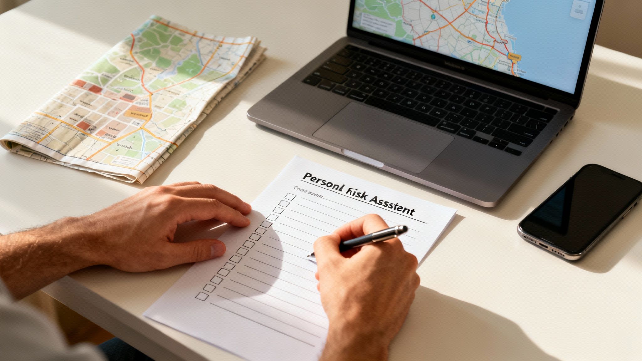 Hands writing on a 'Personal Risk Assstant' document, with maps, a laptop, and a phone on the desk.