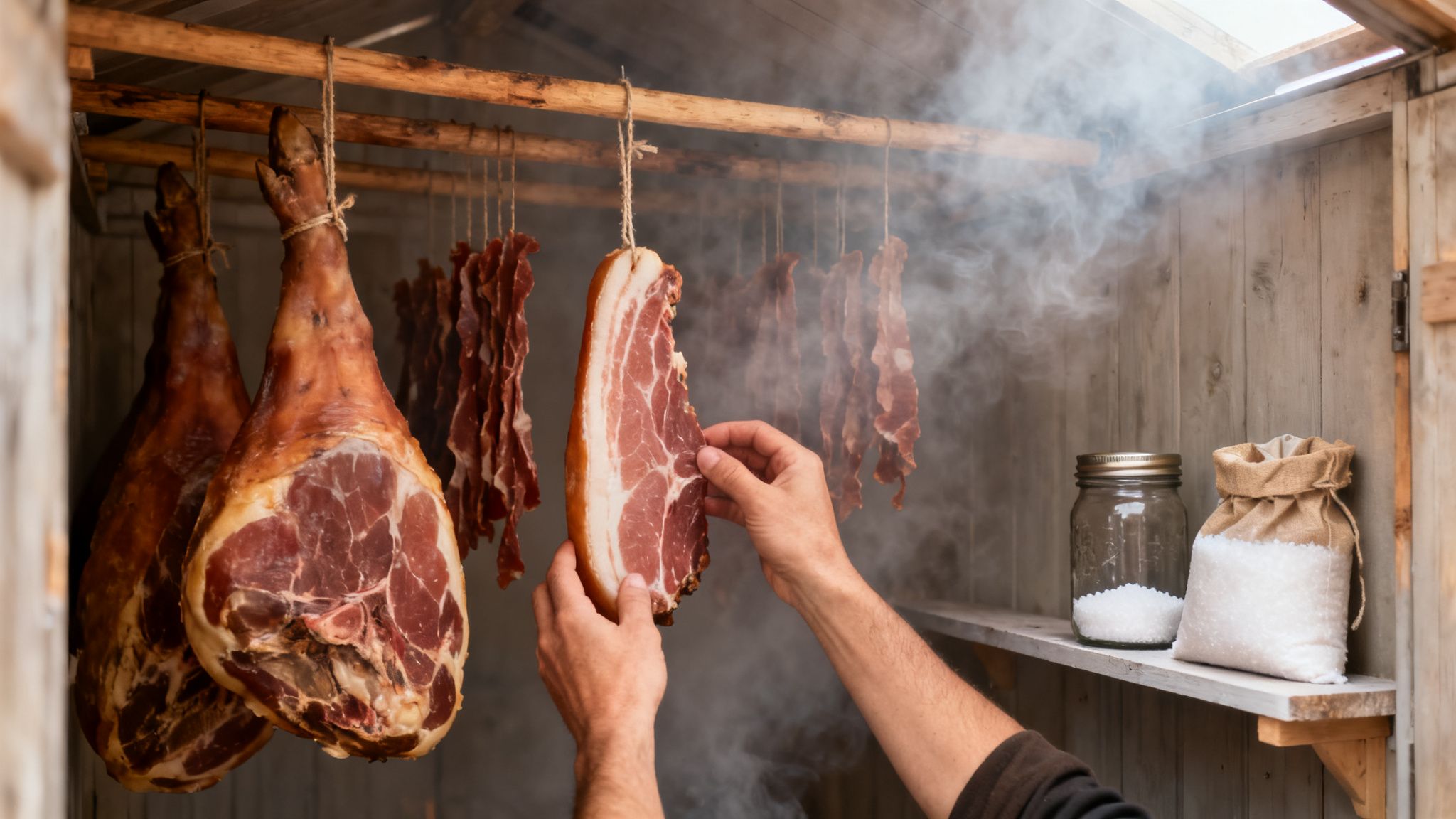 Hands adjusting a piece of bacon amidst hanging hams and other smoked meat in a rustic smokehouse.