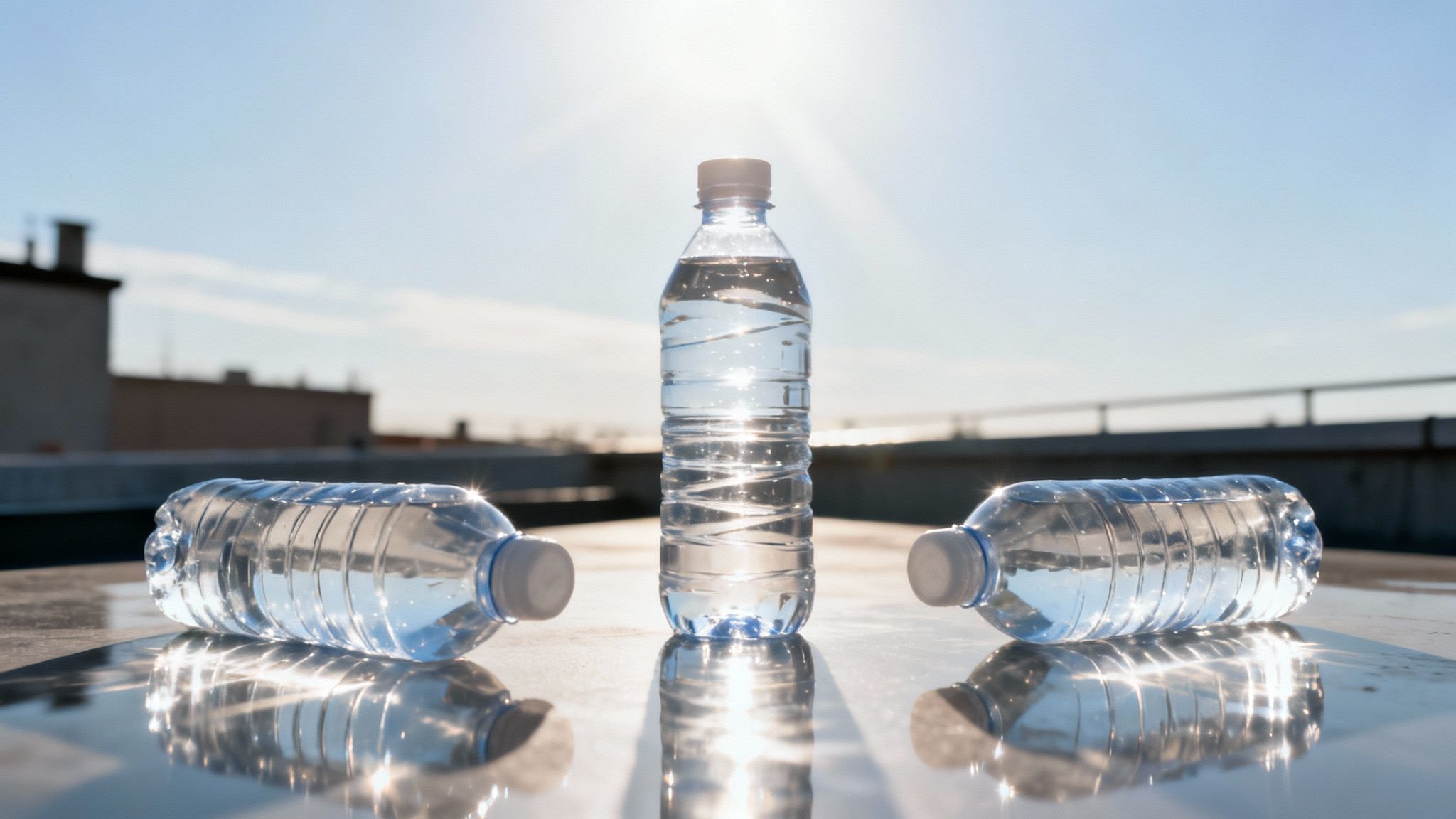 Three plastic water bottles, one standing and two lying, on a reflective surface under a sunny sky.