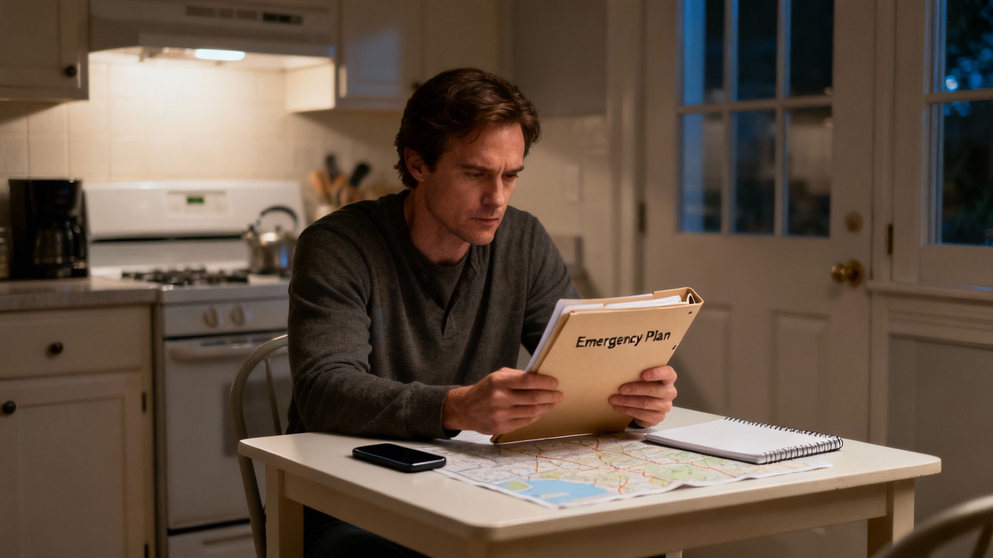 Man seriously reviews an 'Emergency Plan' folder at a kitchen table with a map.