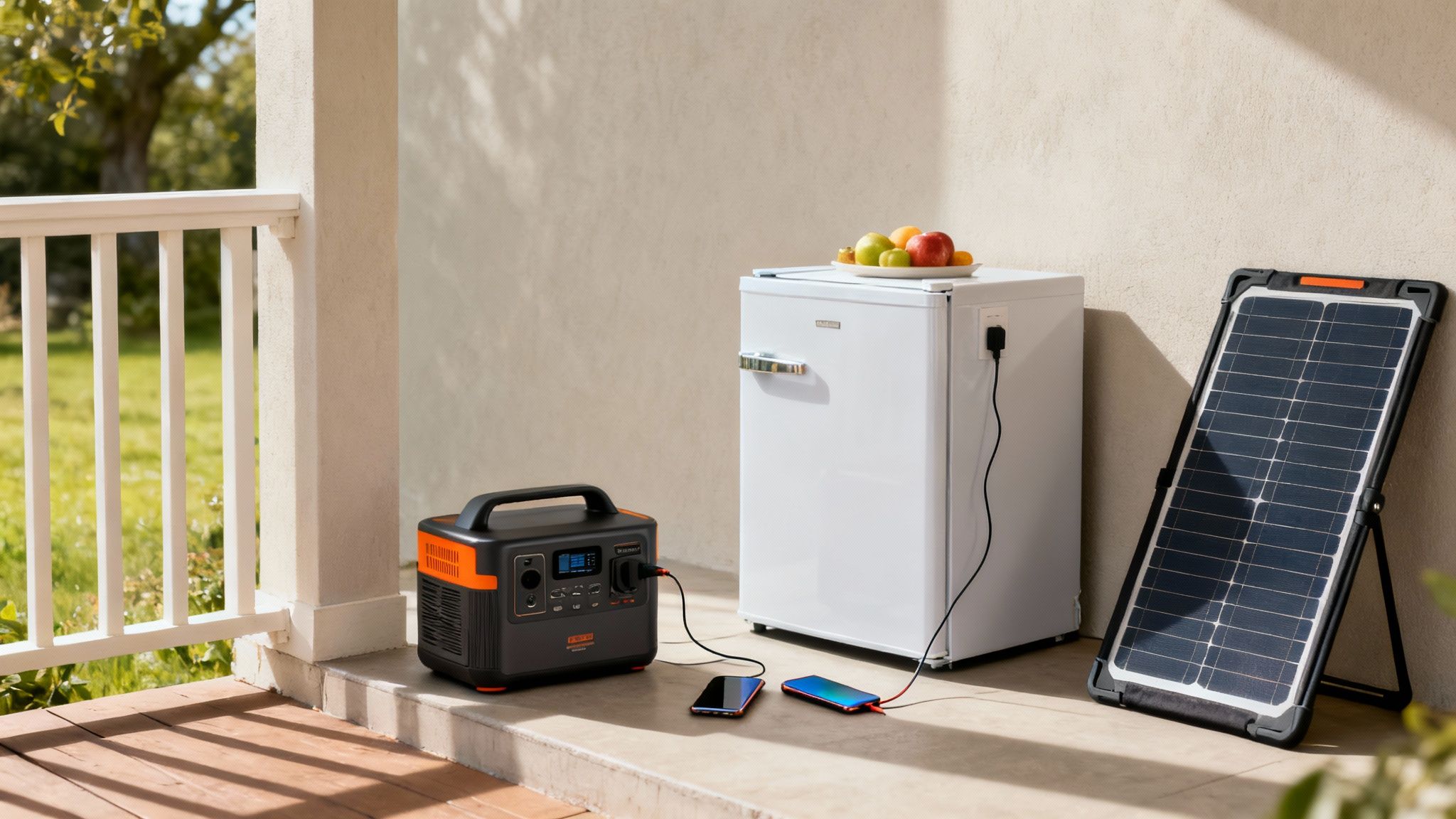 A portable power station powers a mini-fridge and two smartphones, connected to a solar panel outdoors.