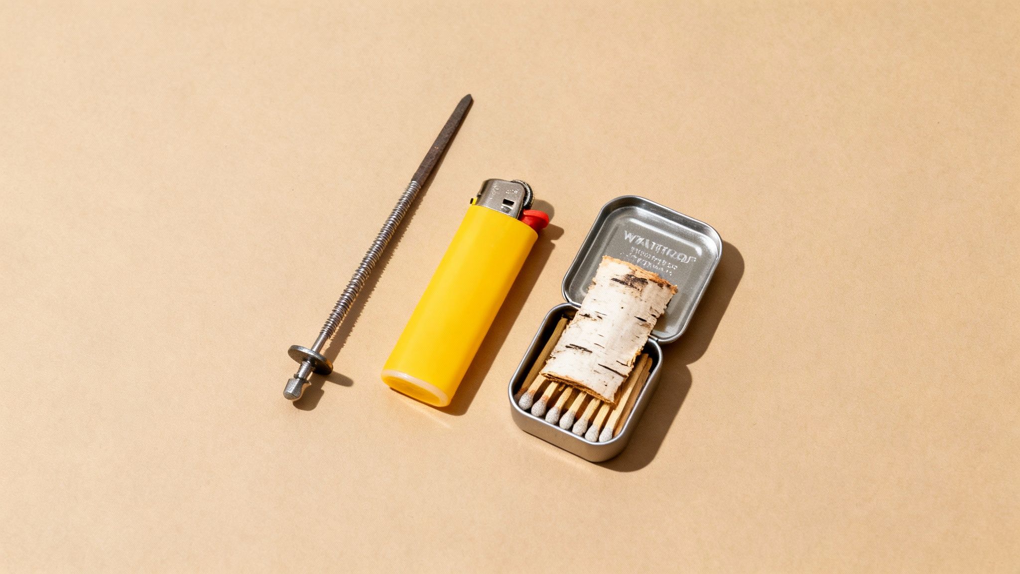 An overhead view of a a survival fire-starting kit on a neutral background.