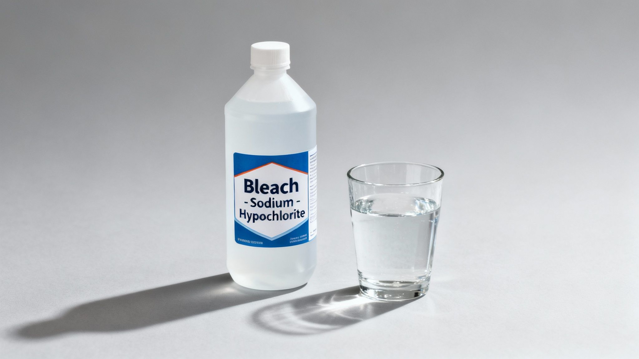 A bottle of bleach labeled 'Bleach - Sodium - Hypochlorite' next to a clear glass of water.
