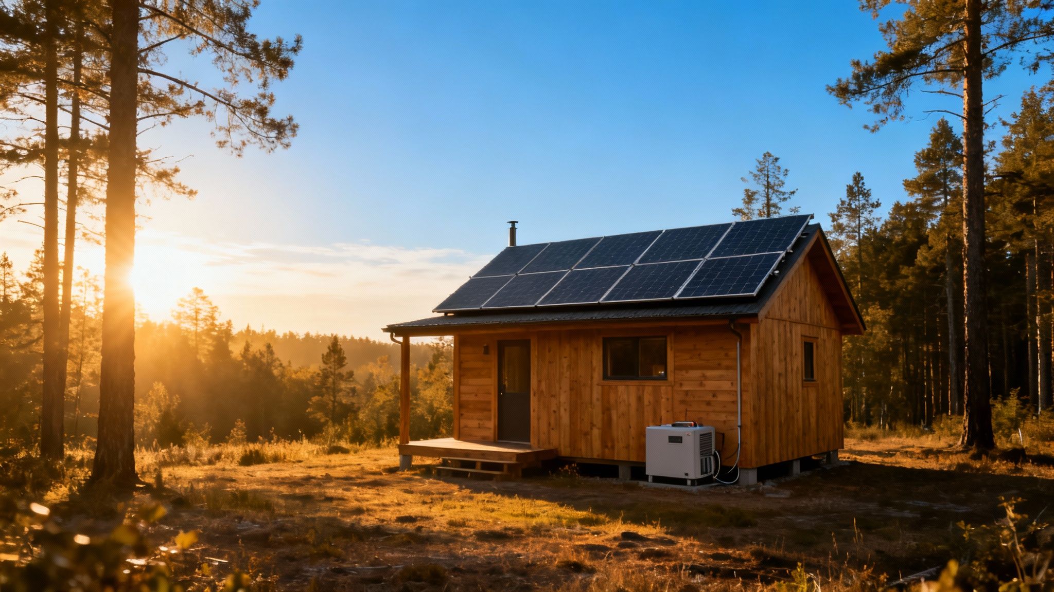 A cozy wooden cabin with solar panels on its roof in a sunlit forest clearing.