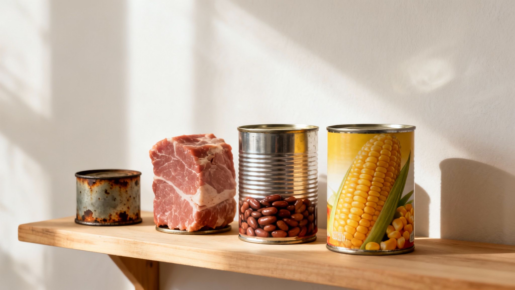 A rusty can, raw meat, a clear can of beans, and canned corn on a wooden shelf.