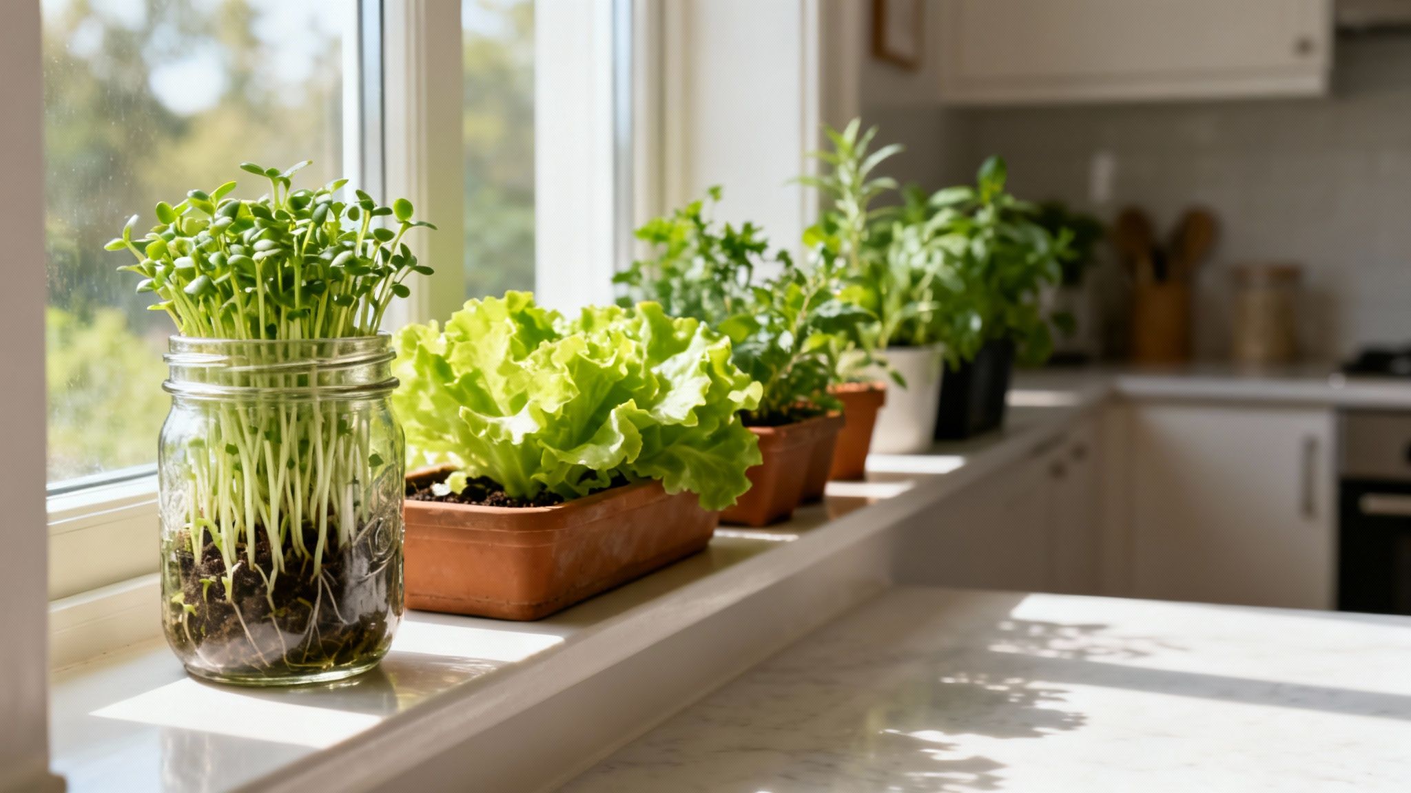 Potted microgreens, lettuce, and various herbs thriving on a sunny kitchen windowsill.