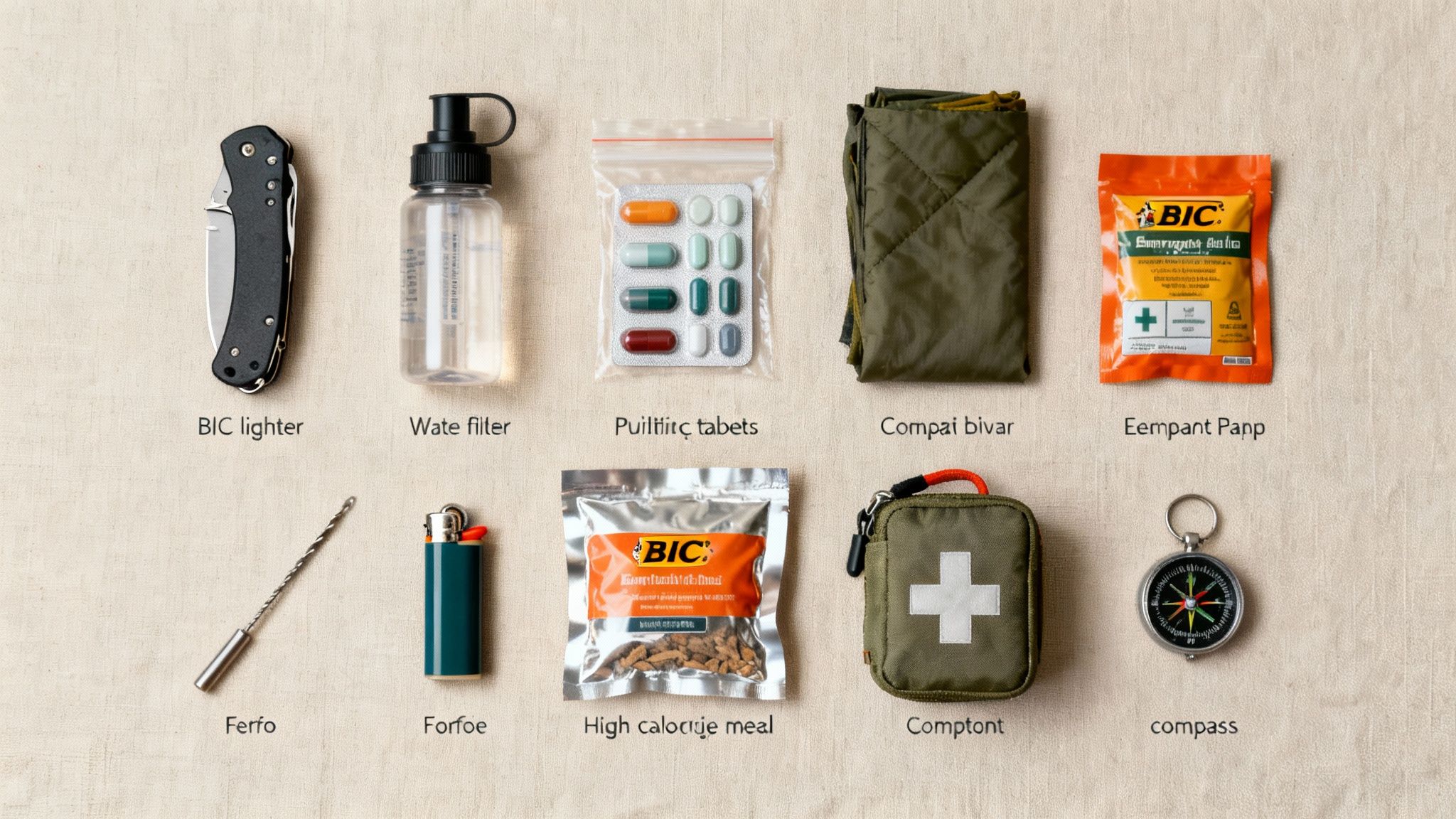 A flat lay showcasing essential items for a survival kit, including food, water, first aid, and navigation tools.