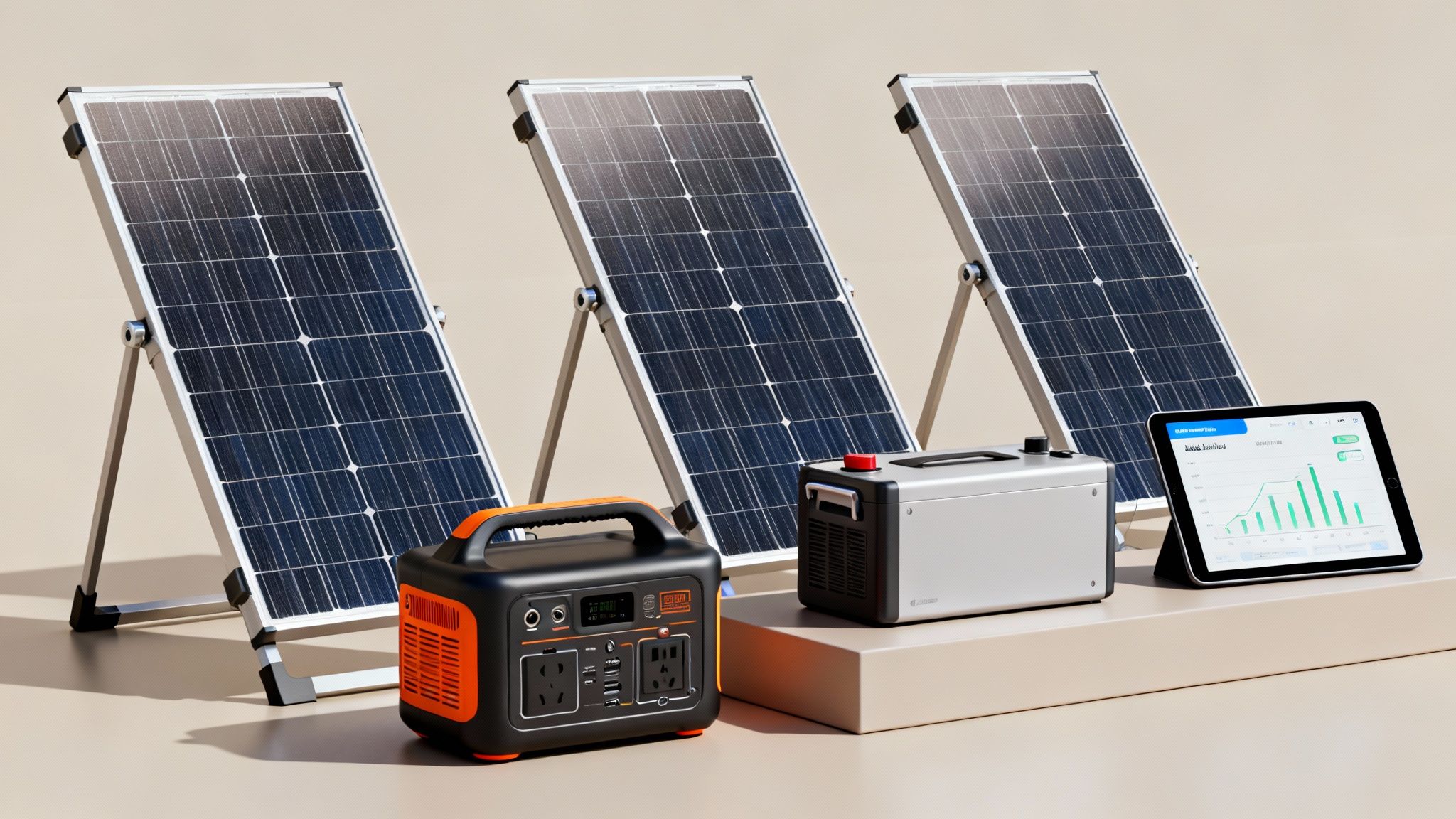 Three portable solar panels and two power stations with a tablet showing energy data on a beige background.