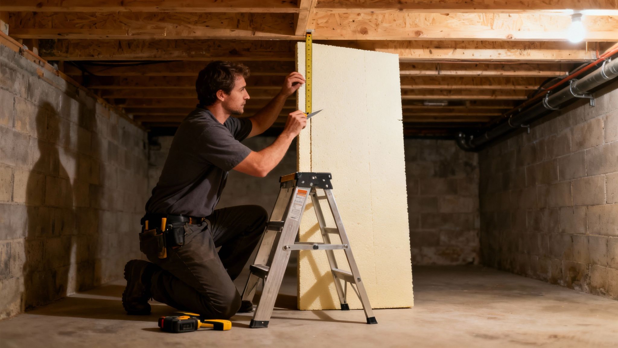 Man measuring a large insulation board in a basement with concrete walls and wooden joists.