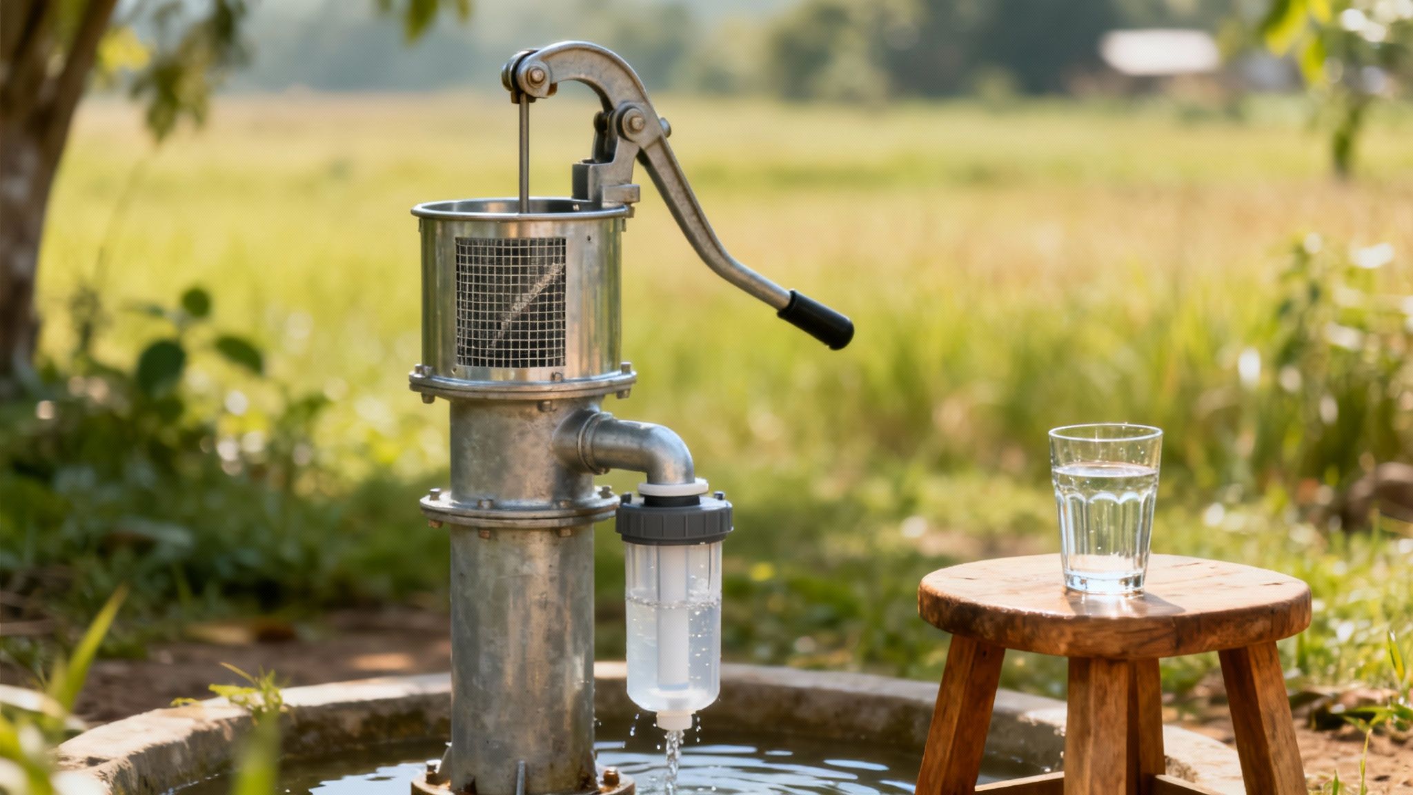 A metal hand water pump with a filter dispenses water into a basin, beside a glass on a wooden stool.