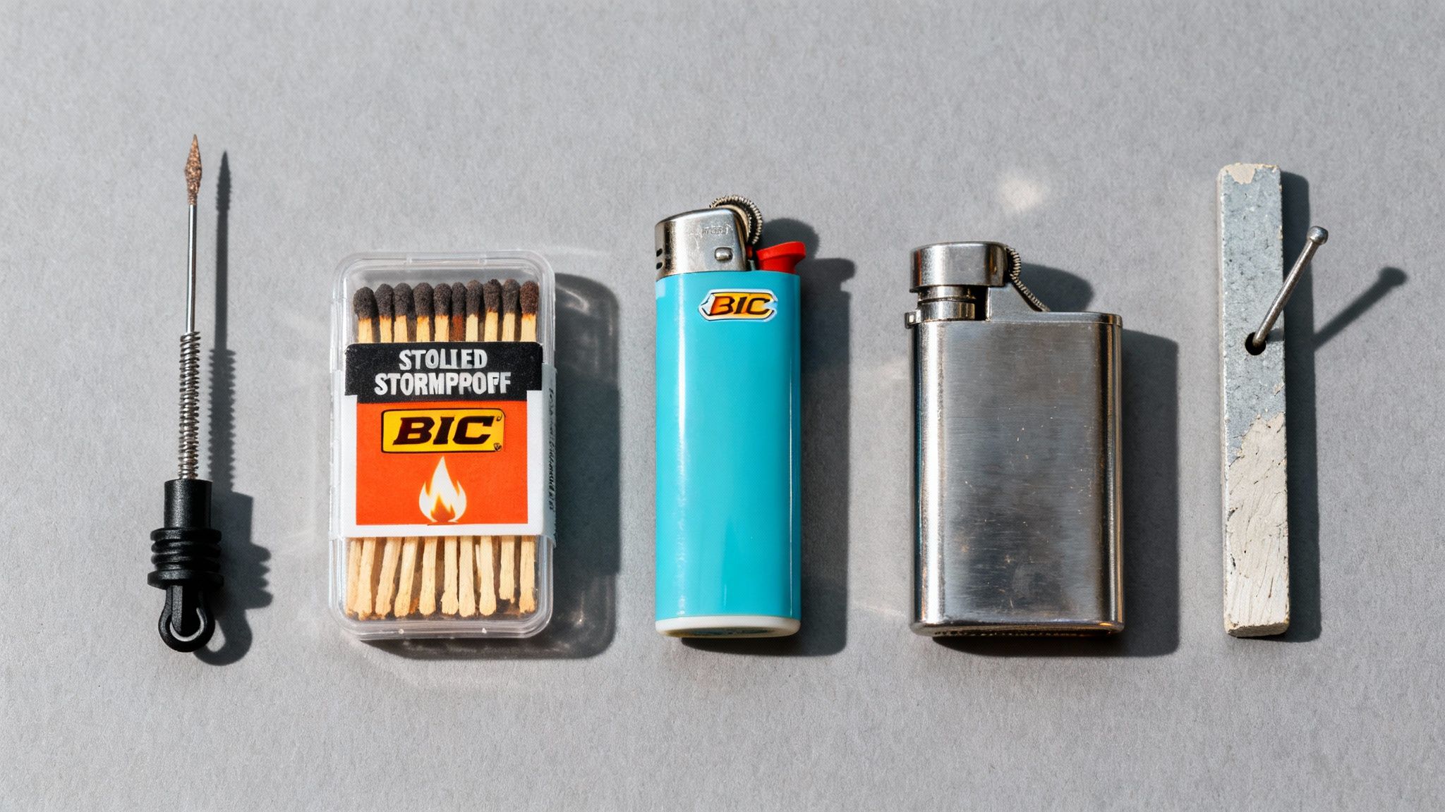 A flat lay of various fire-starting tools, including a ferro rod, matches, and lighters, on a gray surface.