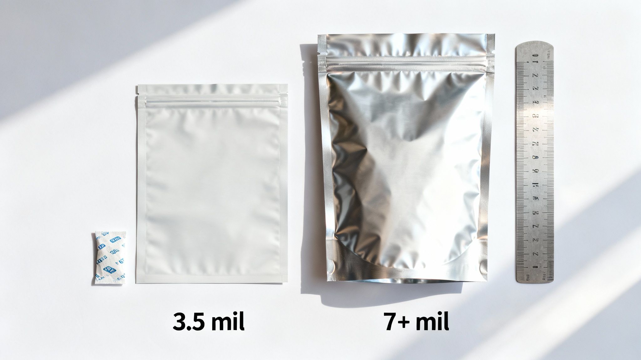 Two silver mylar bags of different thicknesses (3.5 mil and 7+ mil) with a descant pack and ruler.