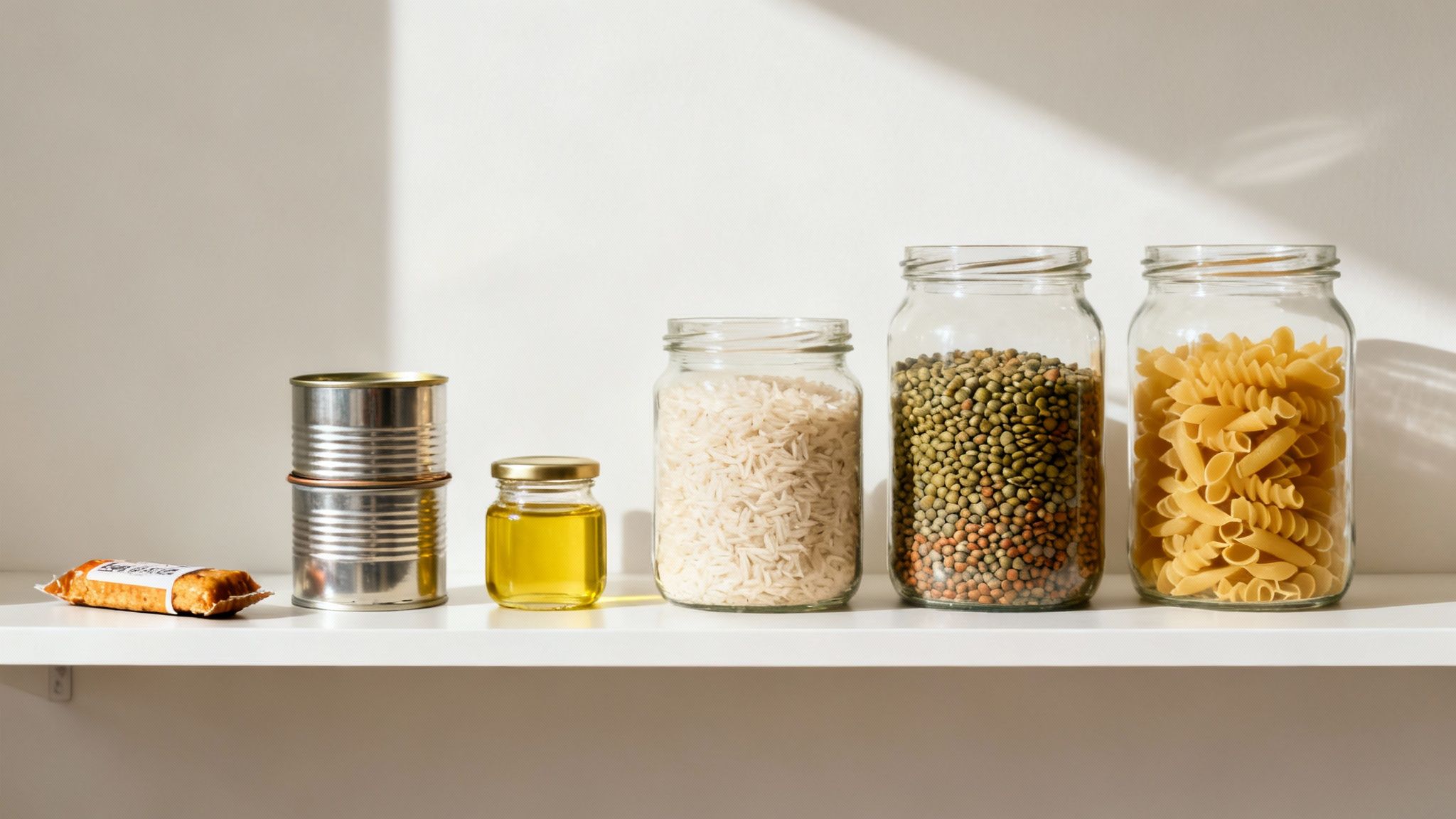 A shelf displaying essential emergency food supplies: canned goods, rice, lentils, pasta, and oil.