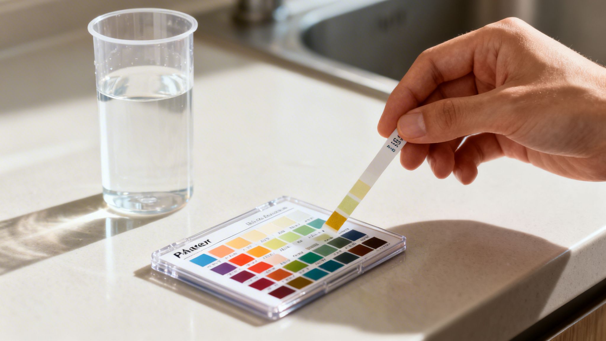 A person's hand holds a water testing strip over a color chart, next to a glass of water.