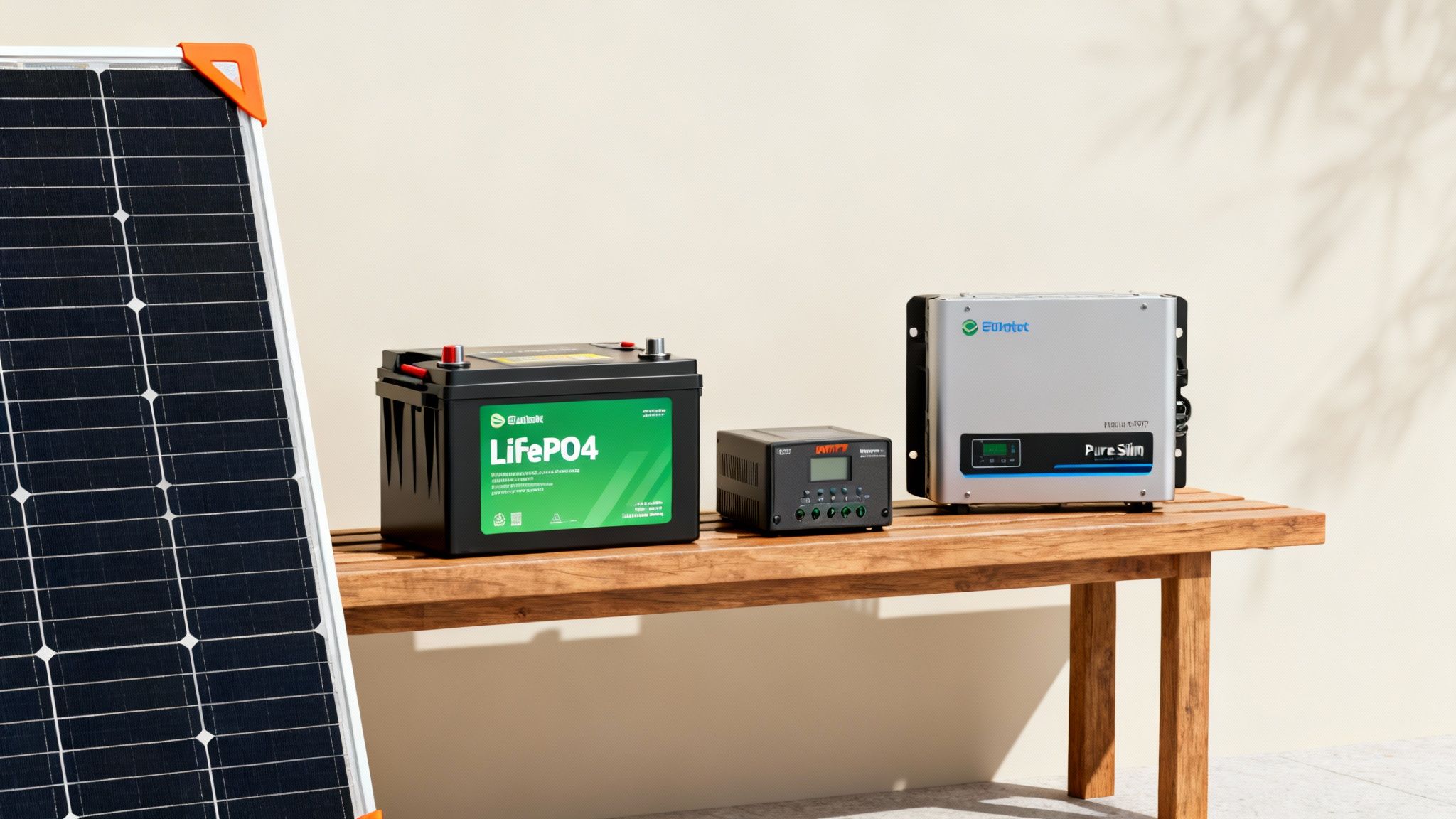 A complete off-grid solar power system with a solar panel, battery, charge controller, and inverter on a wooden table.