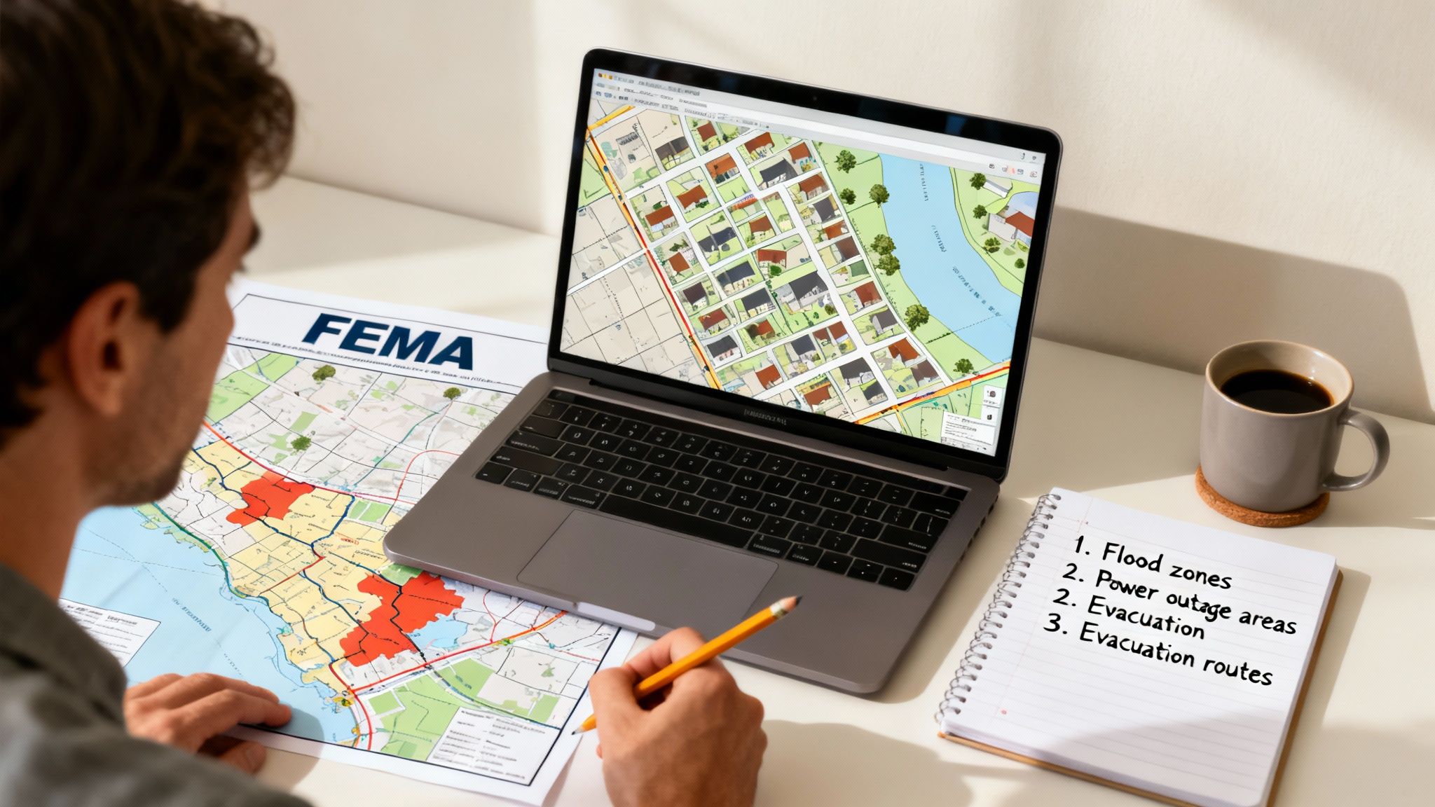 A person studies FEMA maps and a laptop screen displaying a neighborhood, planning for natural disasters.