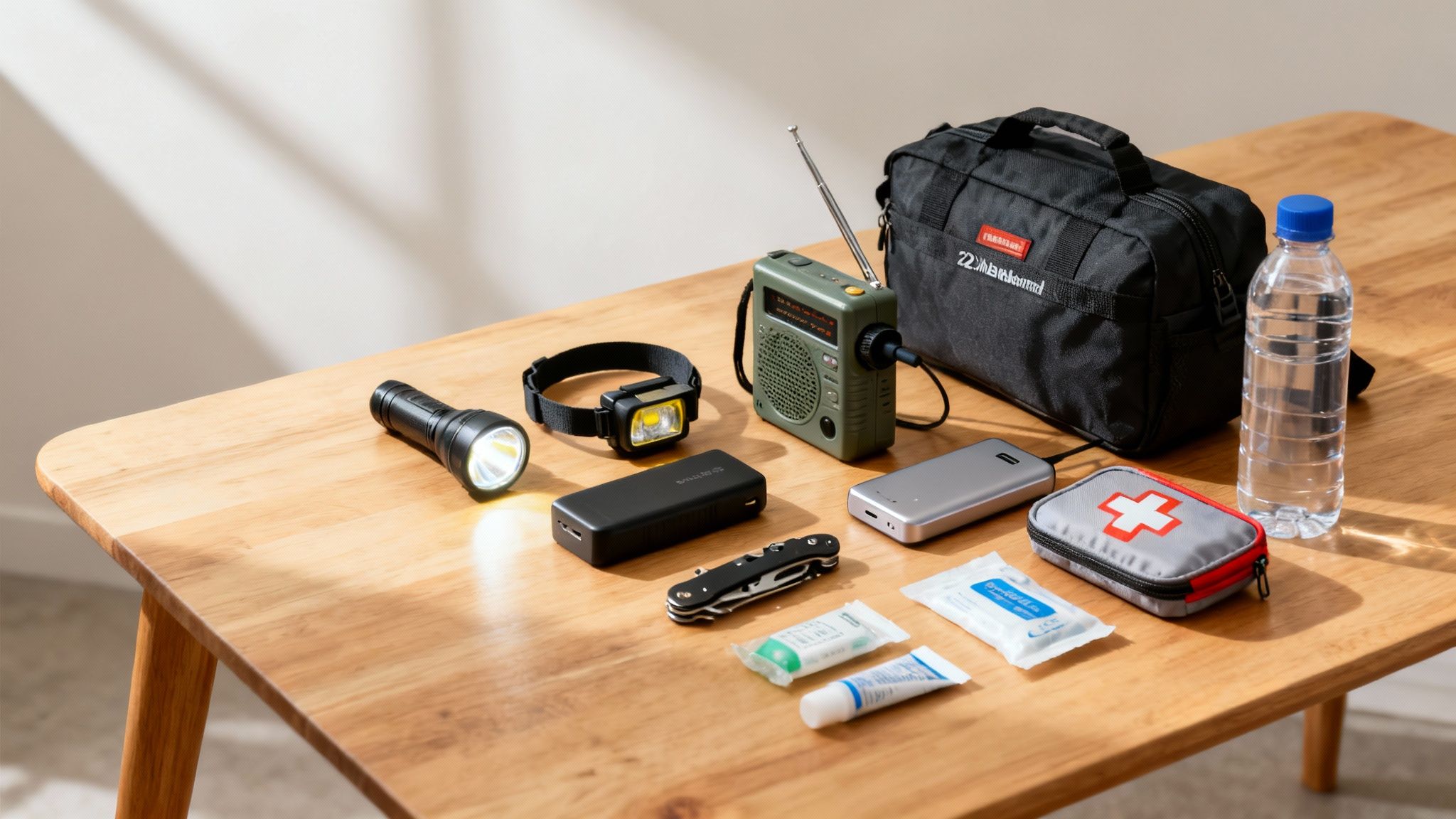 A collection of essential emergency preparedness items on a wooden table, including flashlights, a radio, power banks, a multi-tool, a first-aid kit, and bottled water.