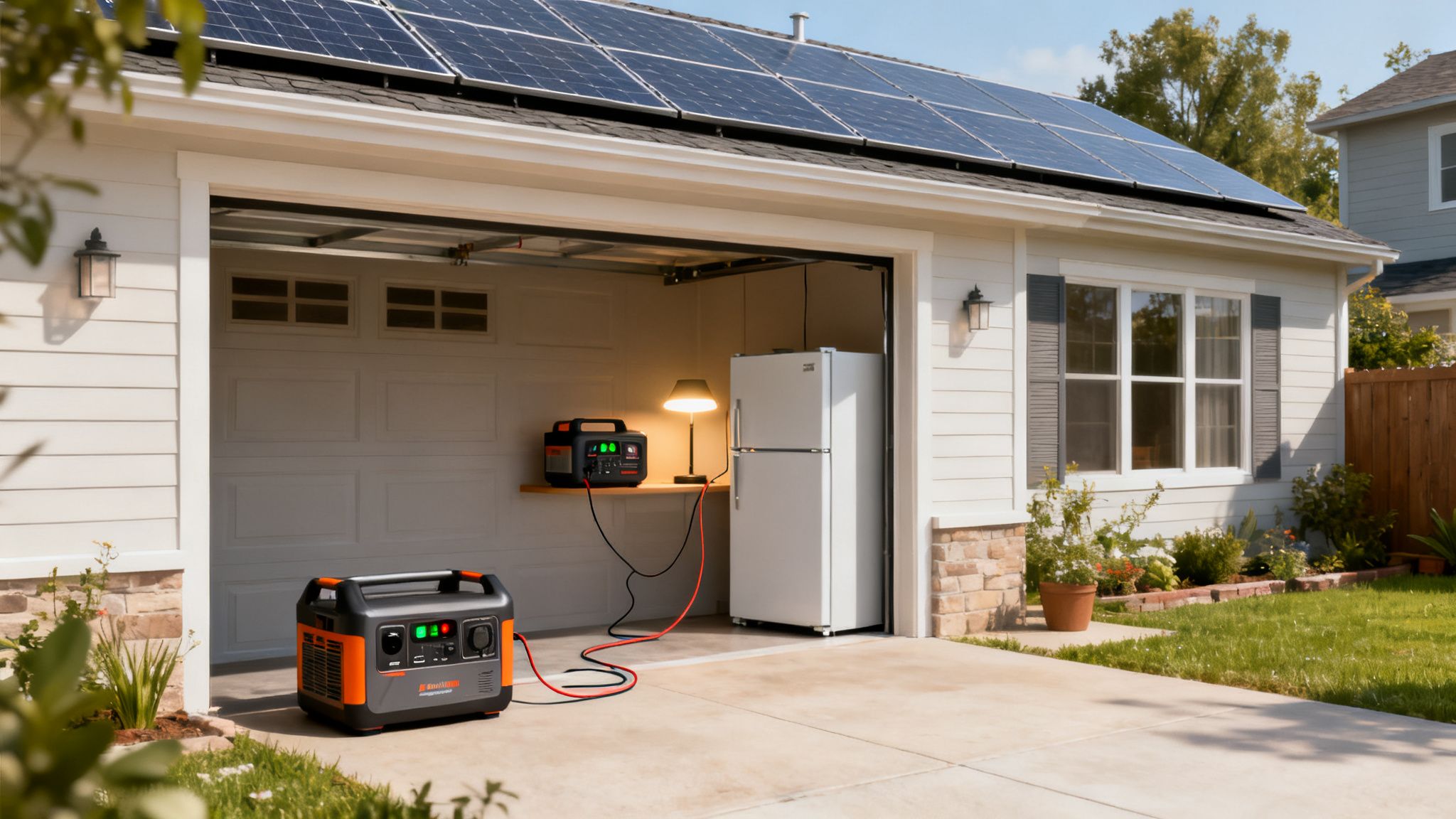 Solar panels on house roof with portable power stations providing backup power to a refrigerator in garage.