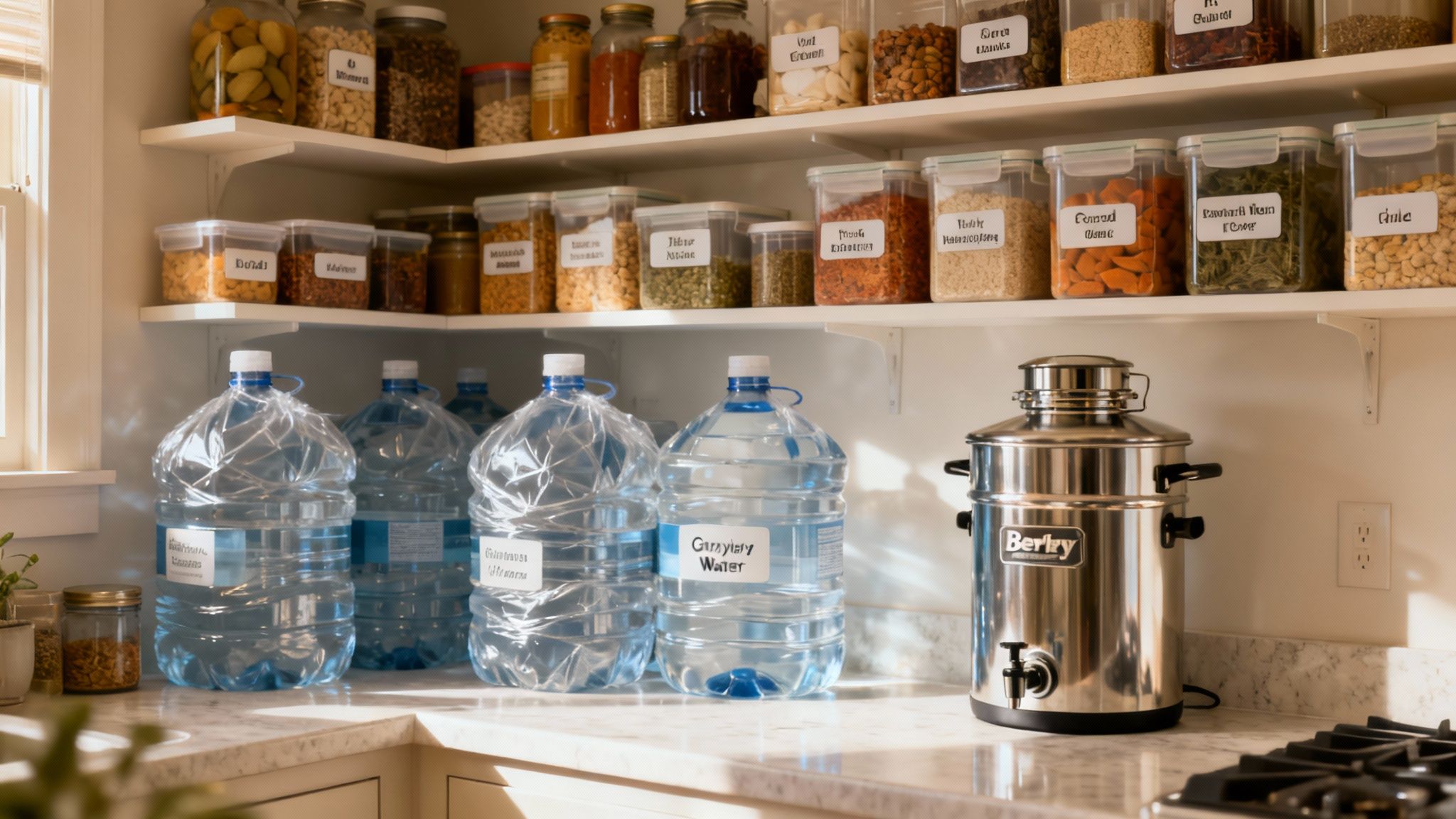 A well-organized kitchen pantry with labeled food containers, large water bottles, and a water filter.