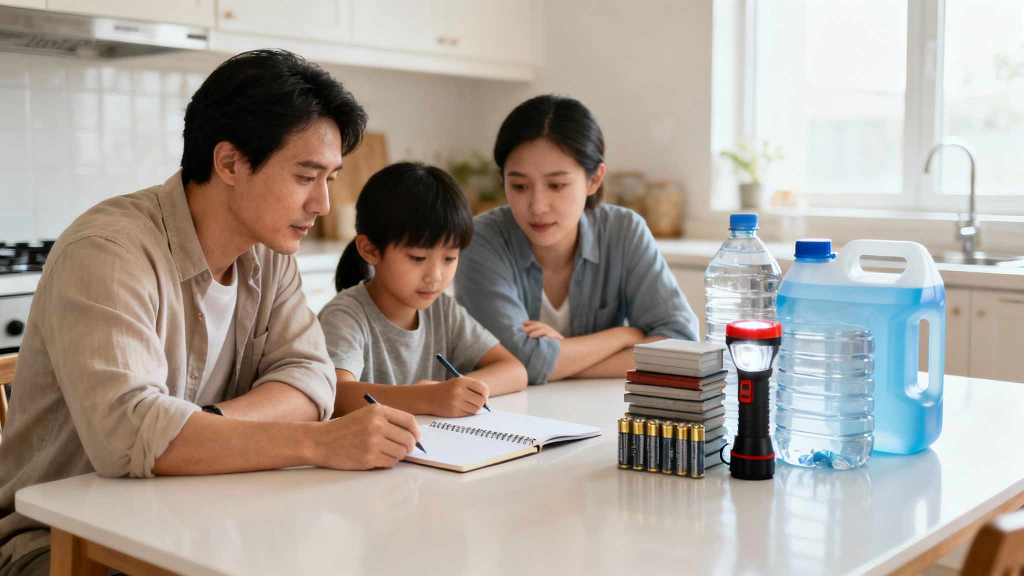 A family prepares for emergencies, writing notes with water, a flashlight, and batteries on the table.