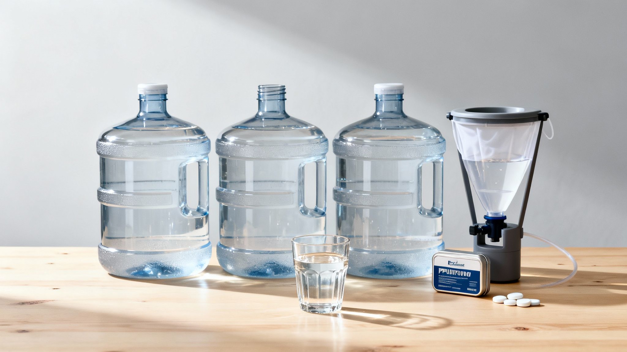 A table display of large water bottles, a water filter, and purification tablets for emergency preparedness.