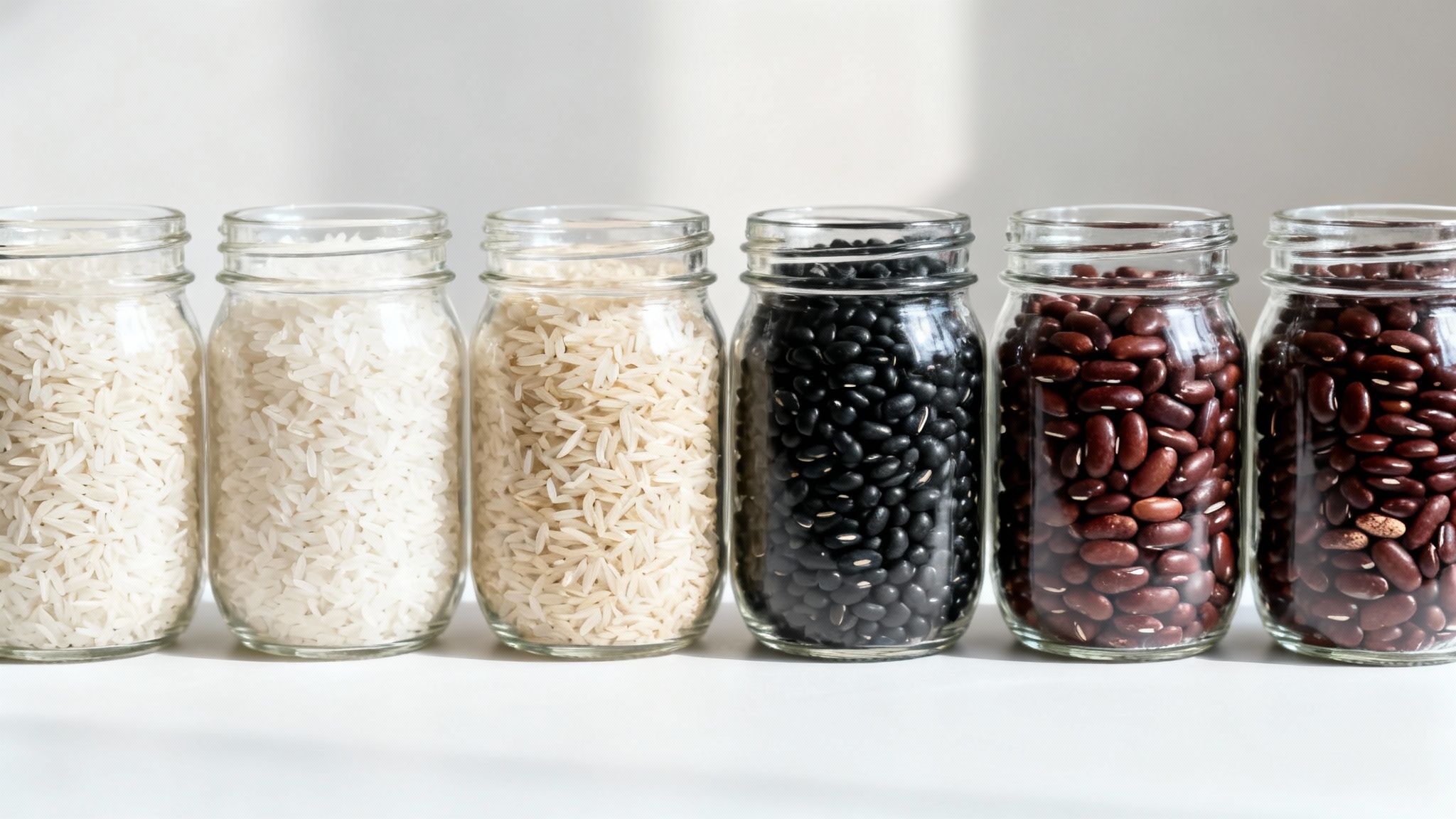 Seven glass jars filled with white rice, black beans, and red kidney beans on a white surface.