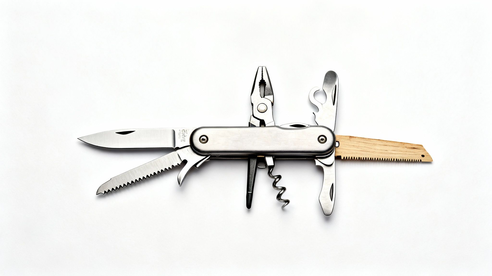 A silver multi-tool with various blades and tools extended on a white background, top-down view.