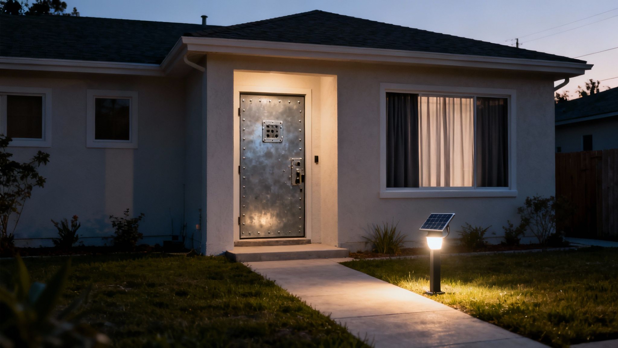 A front view of a house at night with a unique metal door and a lit pathway.