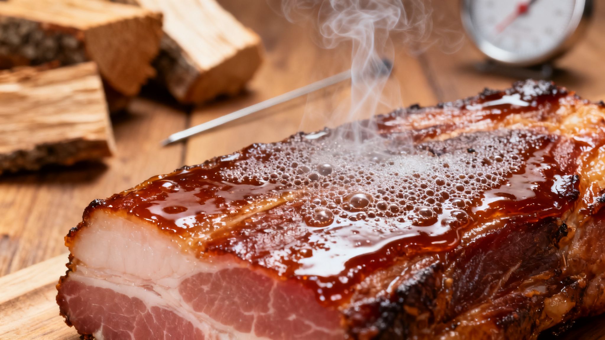 Steaming, glazed pork belly or ham with wood logs and a meat thermometer in the background.