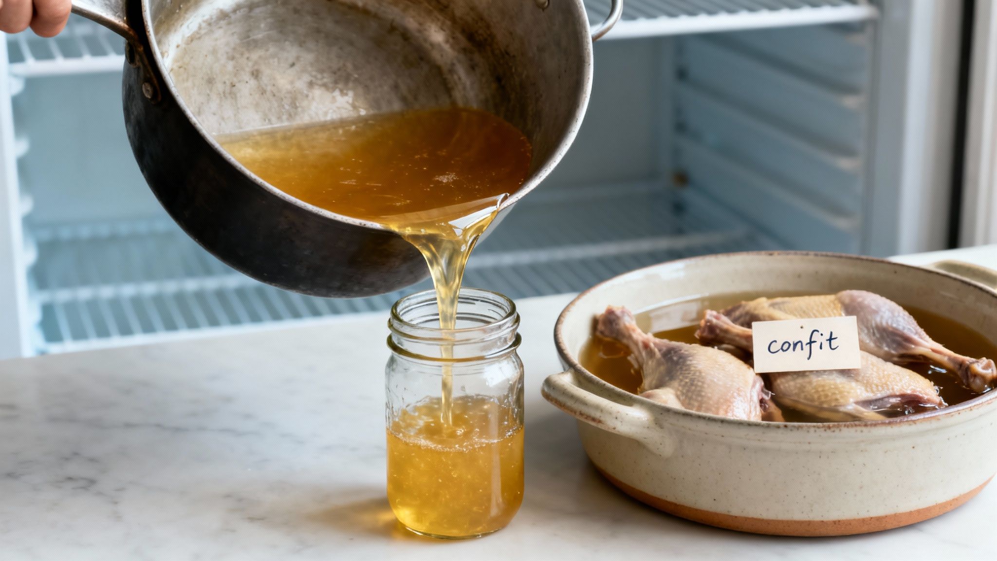 Hands pouring rendered duck fat into a jar, next to duck legs being prepared for confit.
