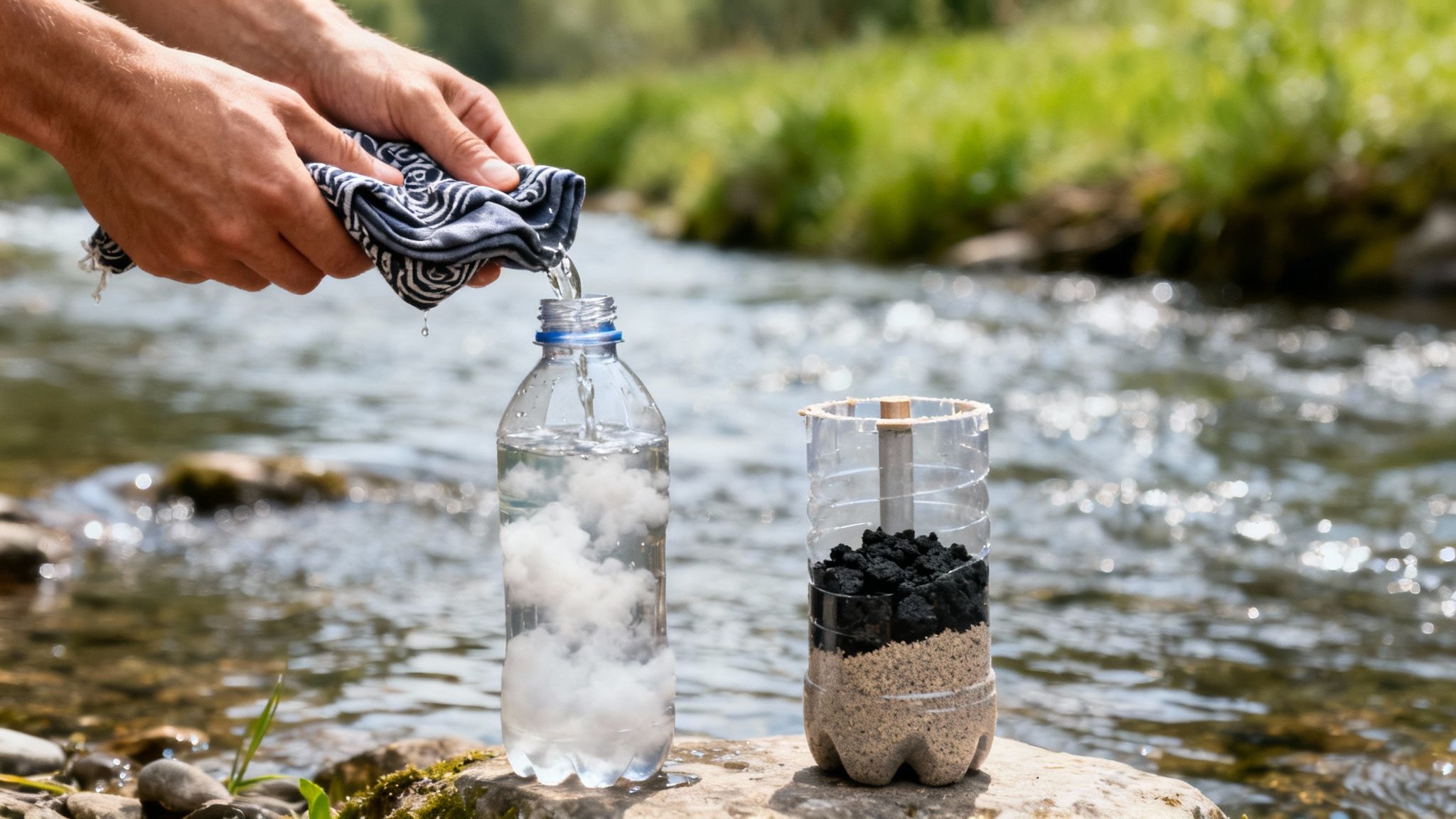 Hands pour river water through a cloth into a bottle, next to a DIY survival filter.