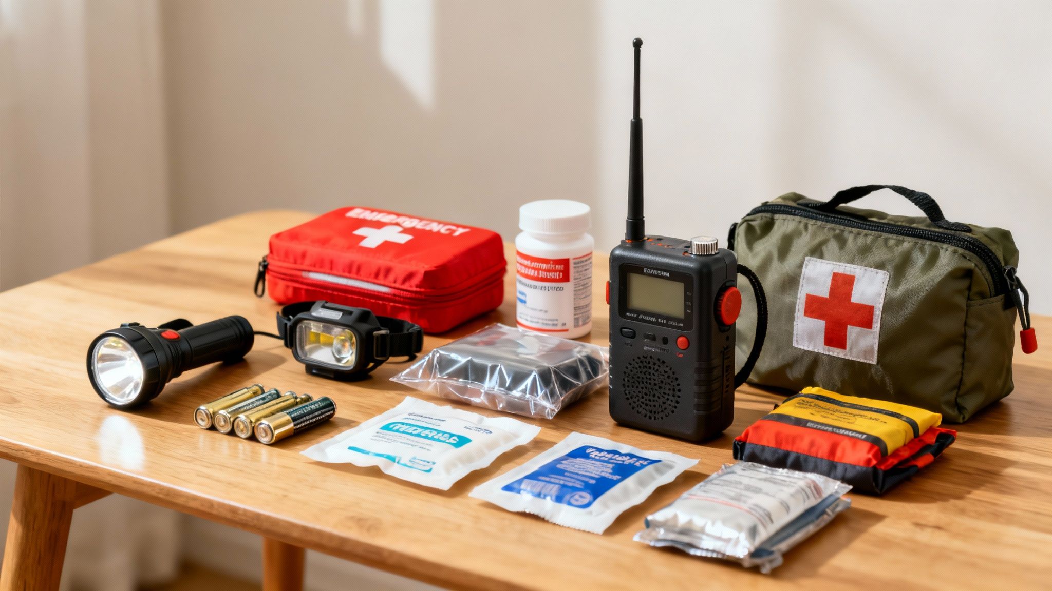 A collection of emergency preparedness items, including flashlights, a first aid kit, a radio, and batteries, on a wooden table.