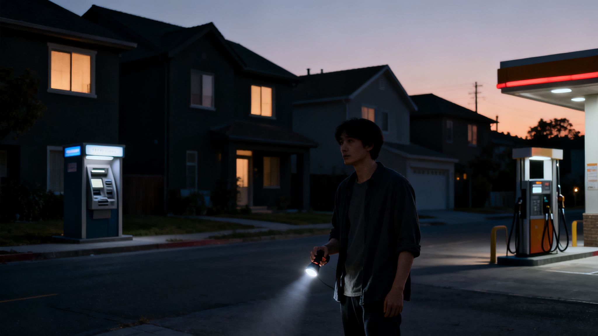 A man with a flashlight stands on a dark street, with houses and a gas station visible at dusk.