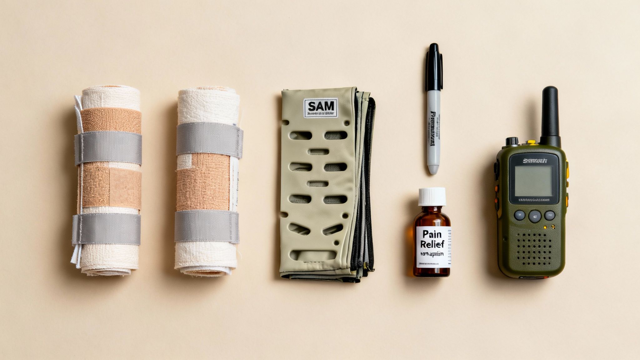 A flat lay of first aid and communication gear, including bandages, splint, marker, pain relief, and walkie-talkie.