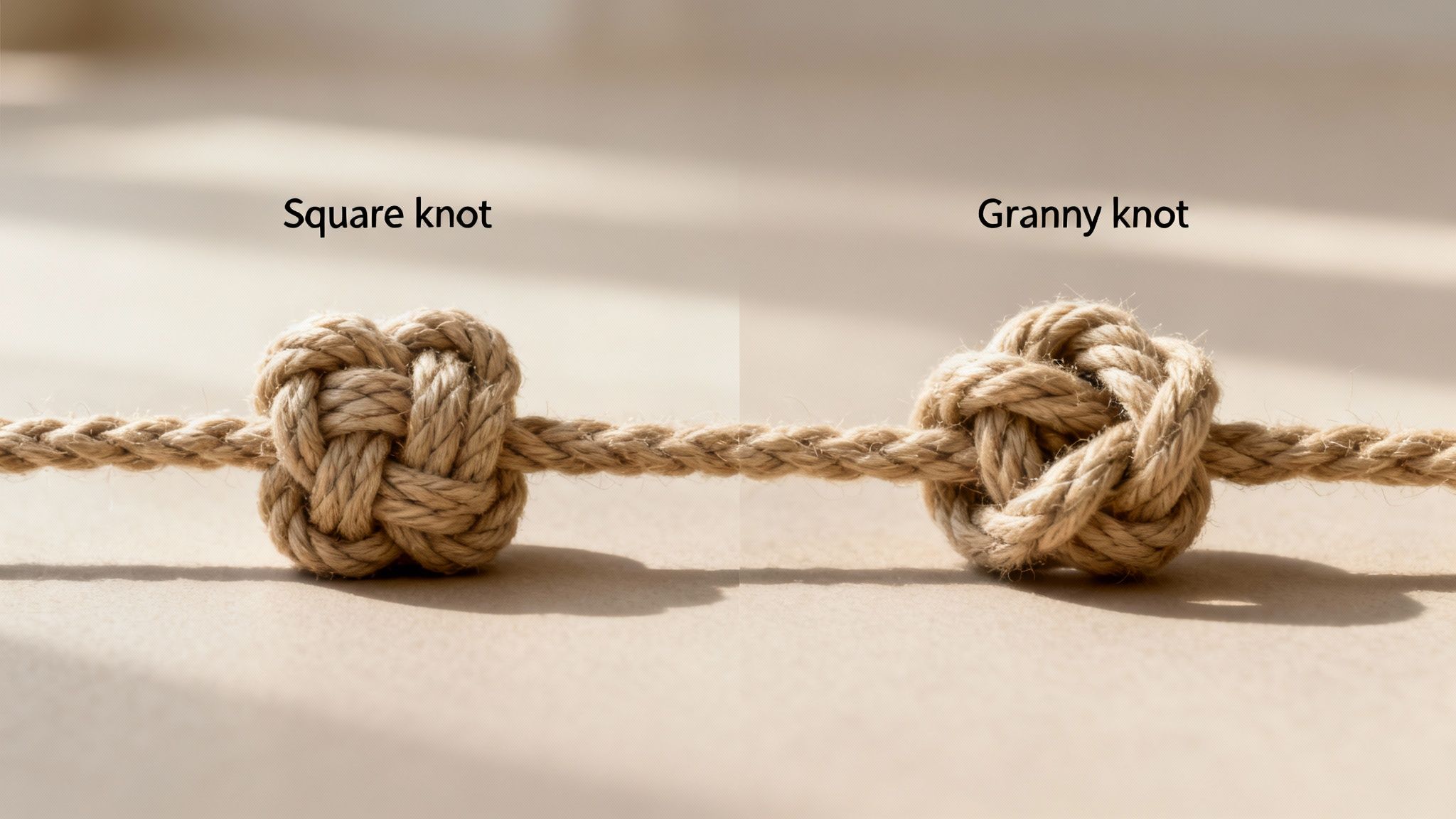 A close-up side-by-side comparison of a properly tied square knot and a granny knot in natural rope.