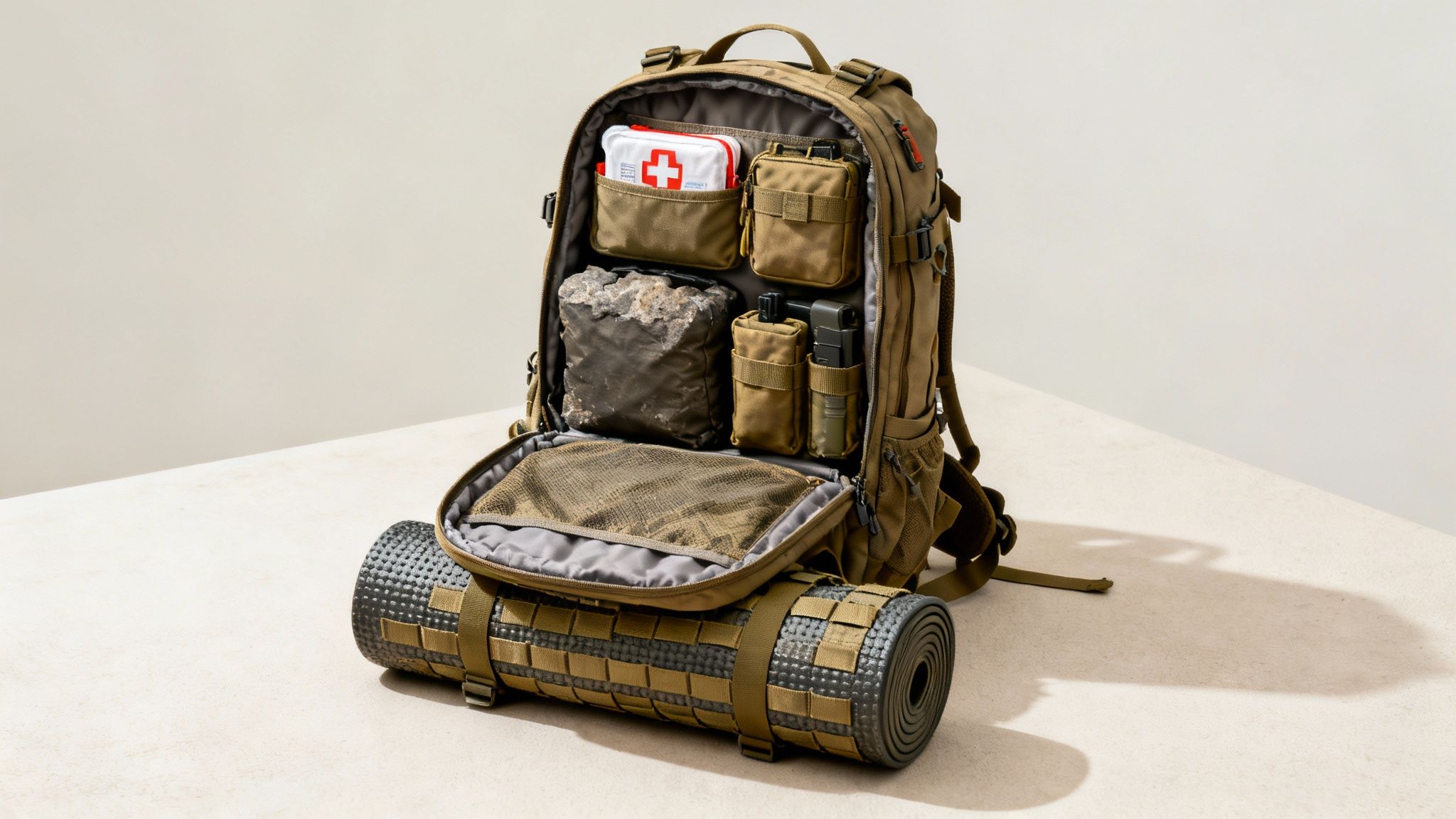An open tactical backpack reveals a first aid kit, pouches, a rock, and a sleeping pad strapped below.