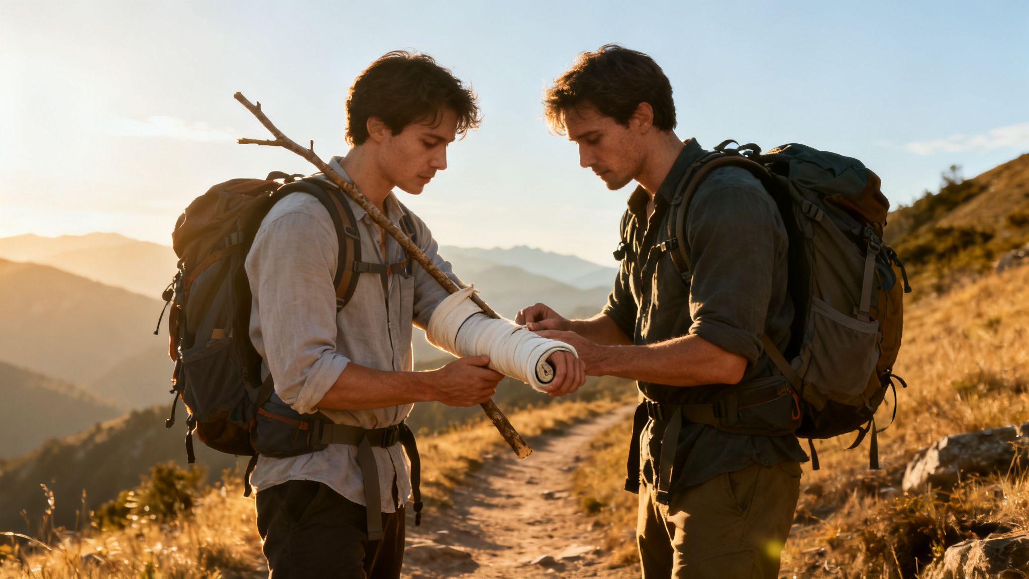 Two hikers on a mountain trail, one assisting the other with a bandaged arm and makeshift splint.