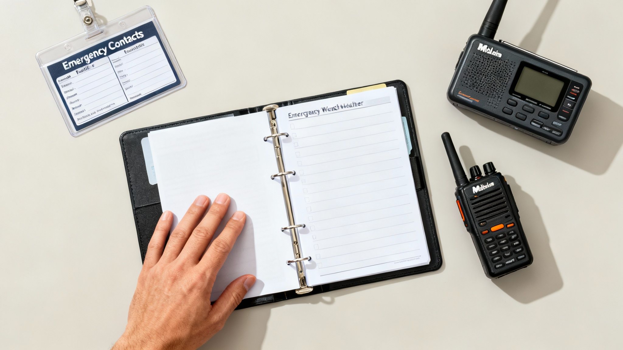 Overhead view of emergency preparedness items including a contact card, checklist, weather radio, and walkie-talkie.