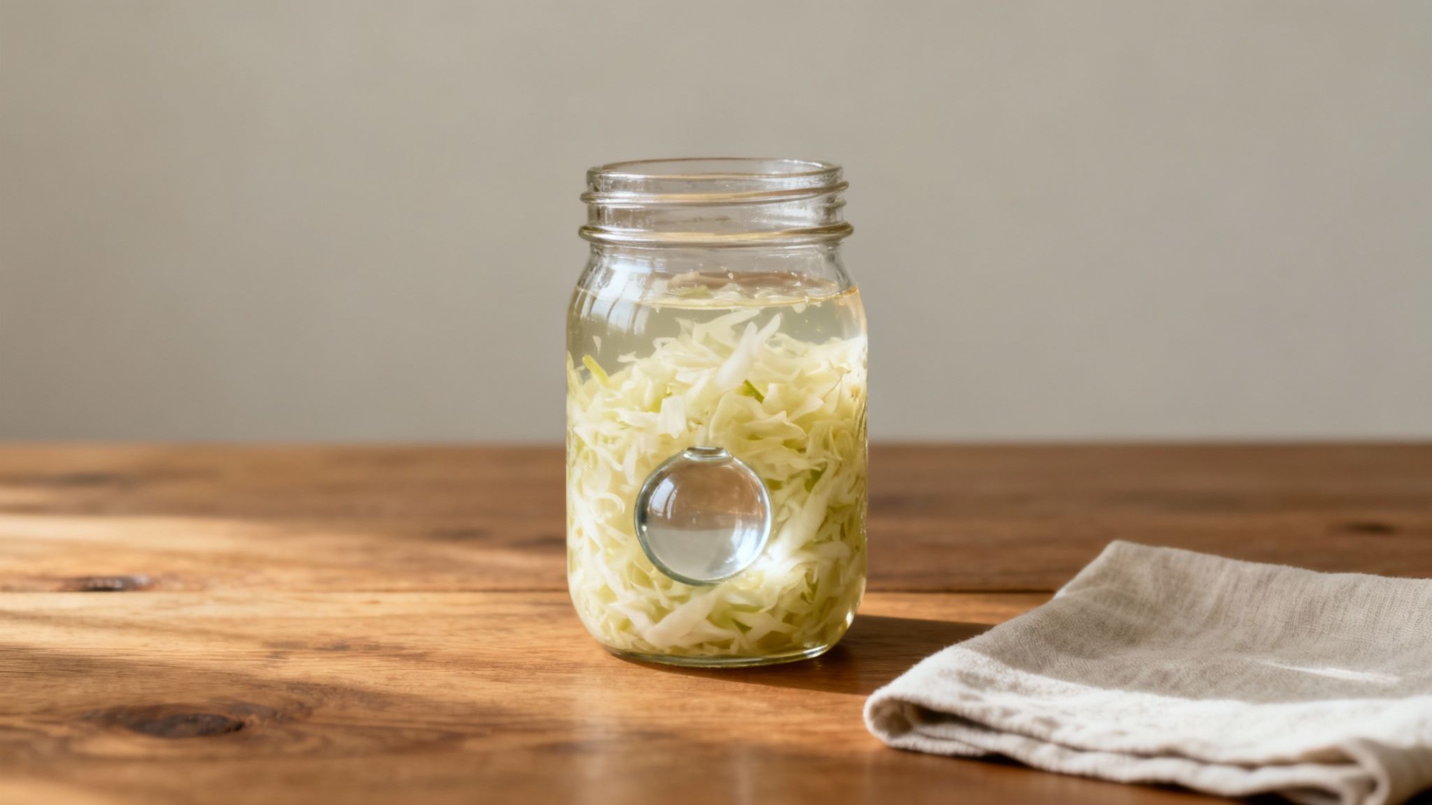 A clear glass jar filled with fermenting shredded cabbage (sauerkraut) and a glass weight on a wooden table.