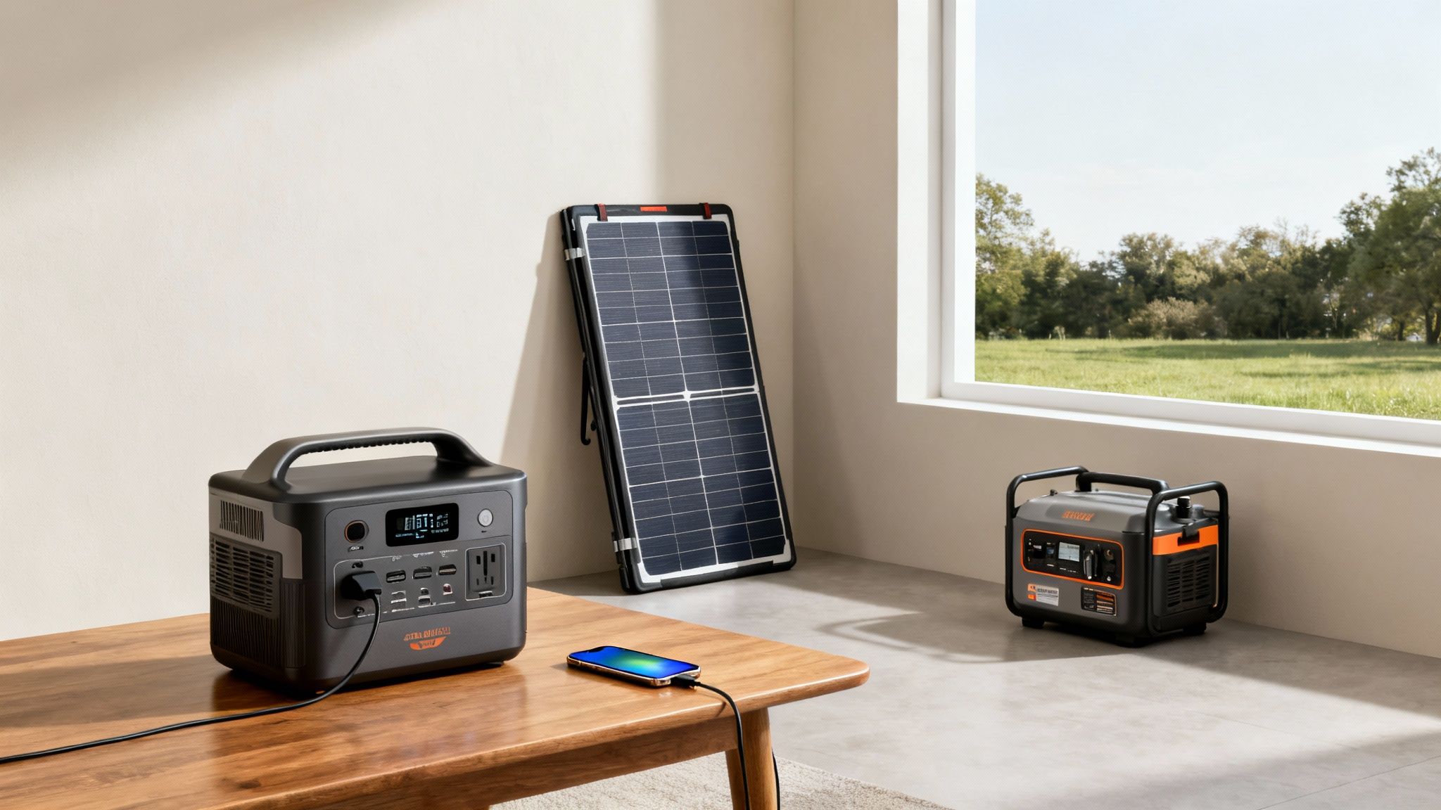 A portable power station charging a phone, with a solar panel and a generator nearby, demonstrating power backup solutions.