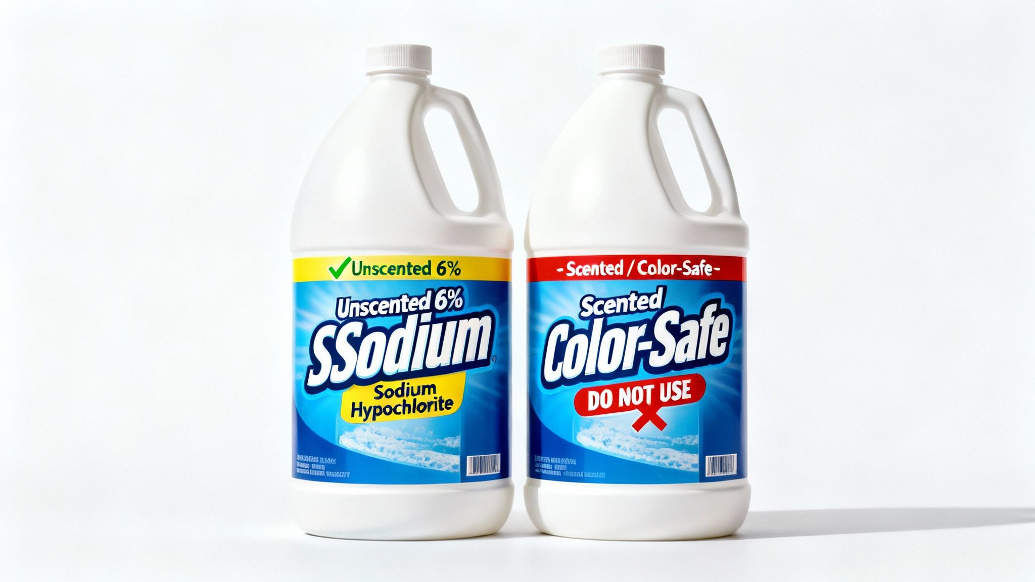 Two white plastic bleach bottles, one unscented sodium hypochlorite and one scented color-safe.