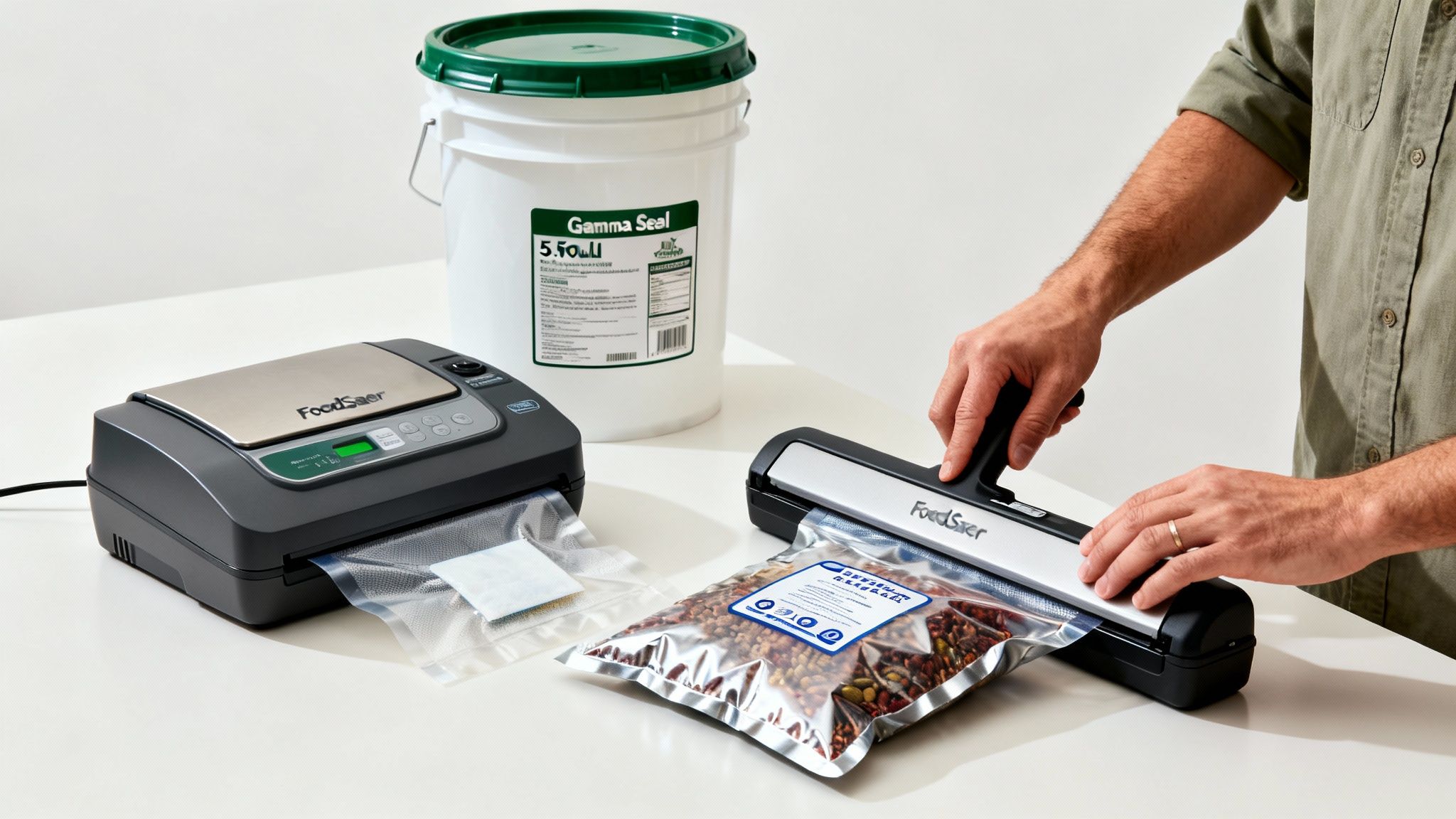 A person uses FoodSaver vacuum sealers to package grains for long-term storage, with a large storage bucket nearby.