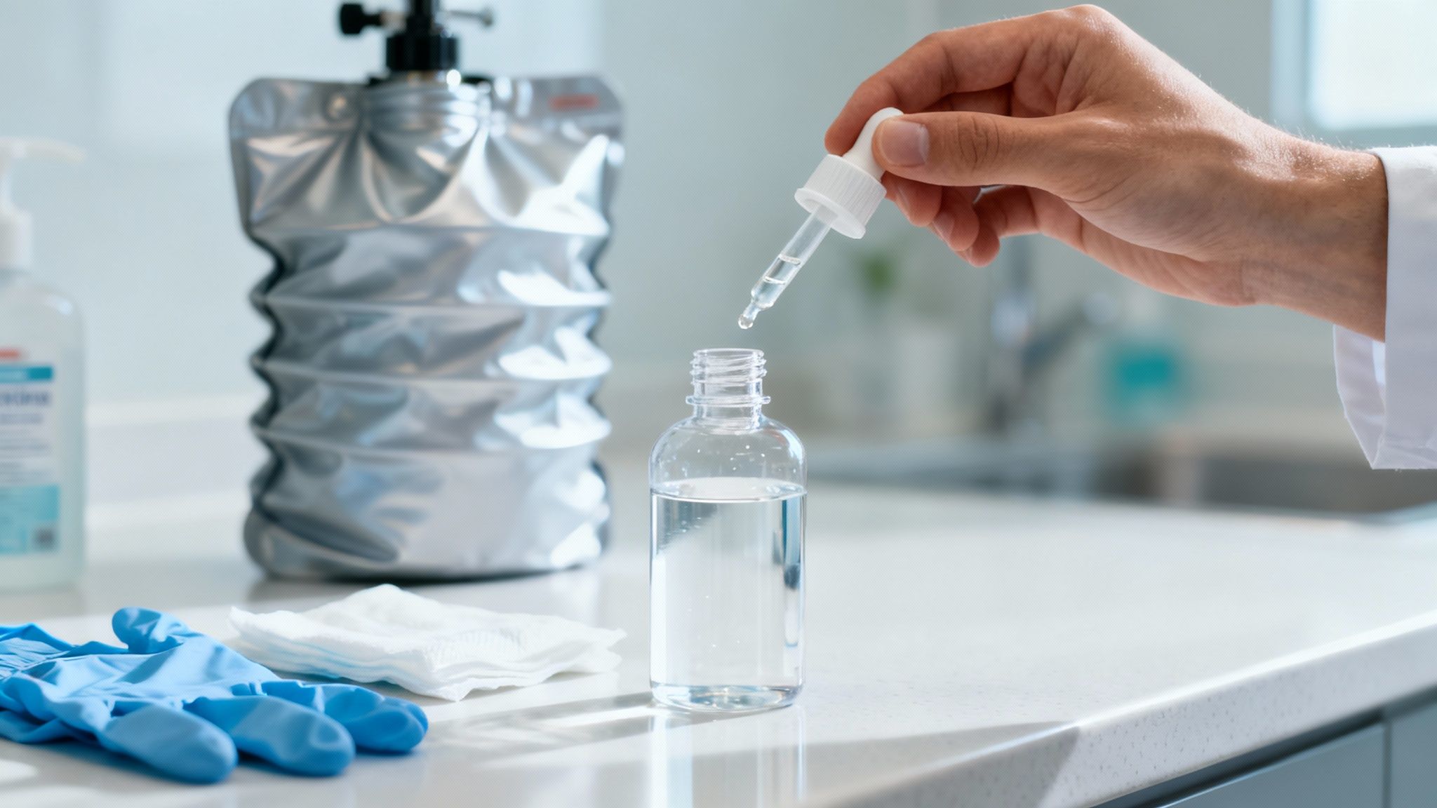 A hand uses a dropper to add liquid to a small clear bottle, with a collapsible container and hygiene supplies nearby.