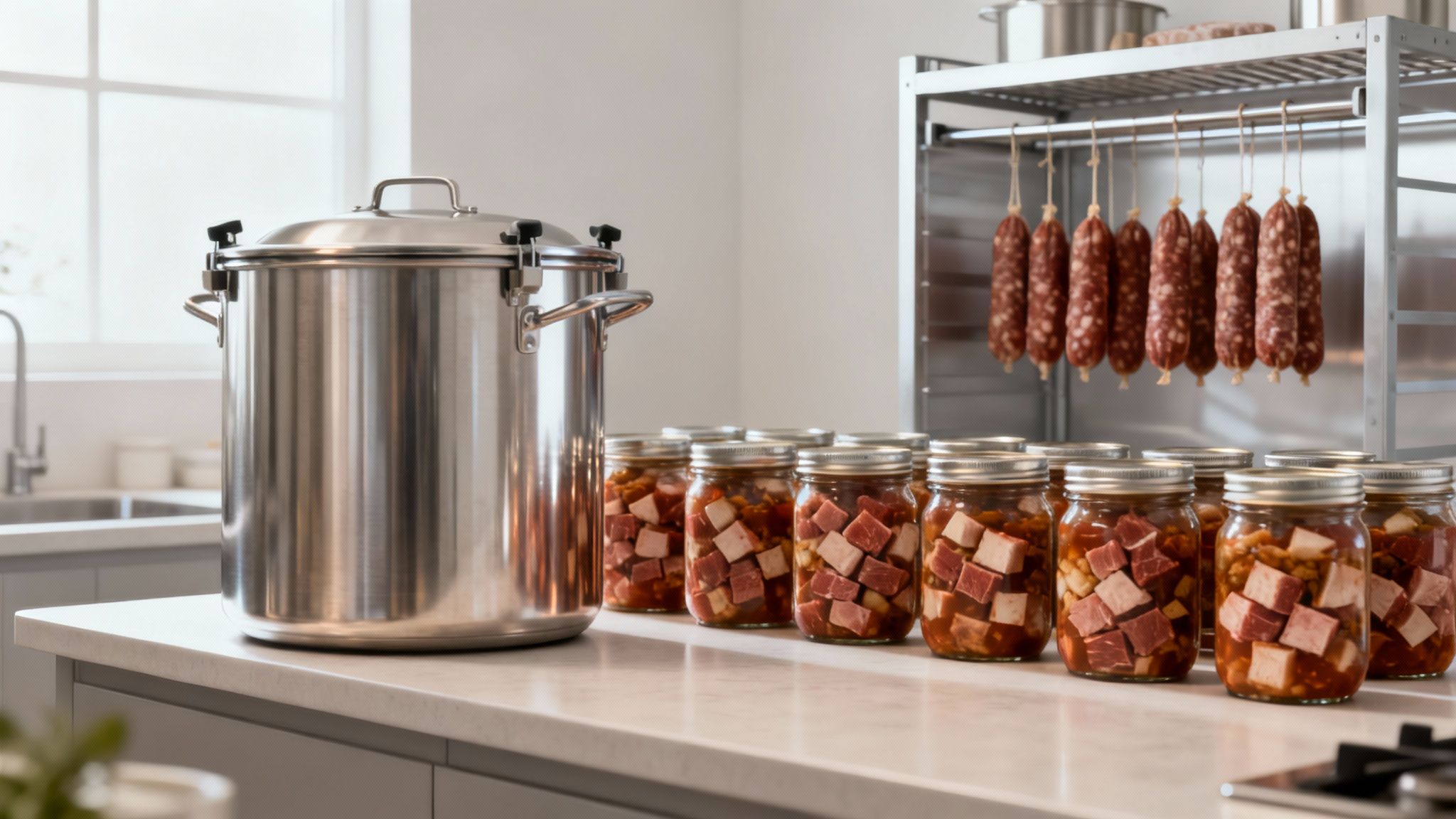 A home kitchen with a large stainless steel pressure canner, jars of preserved meat, and hanging sausages.