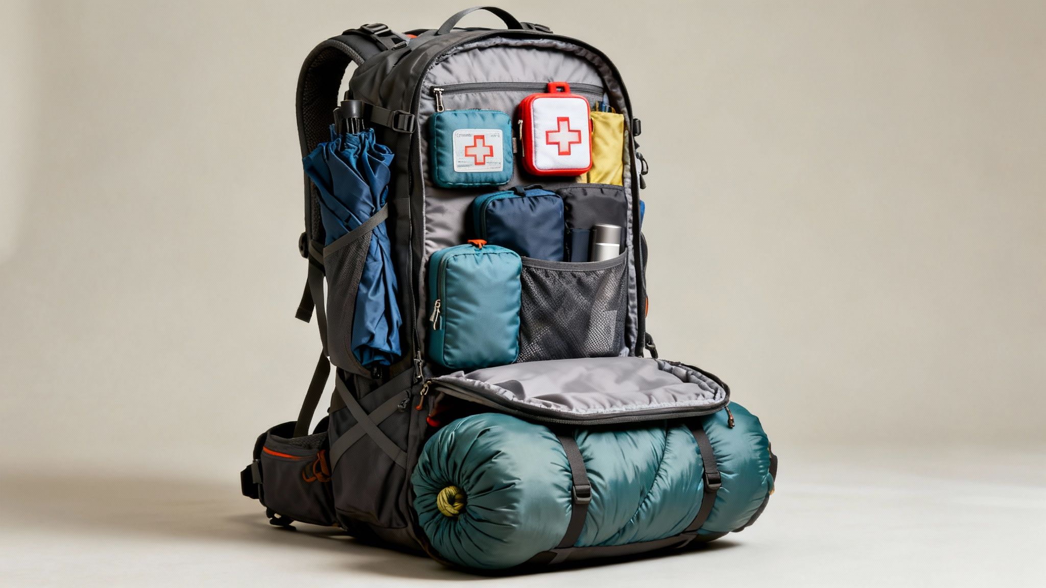 An open grey bug-out bag packed with organized emergency supplies, including first aid kits and a sleeping bag.