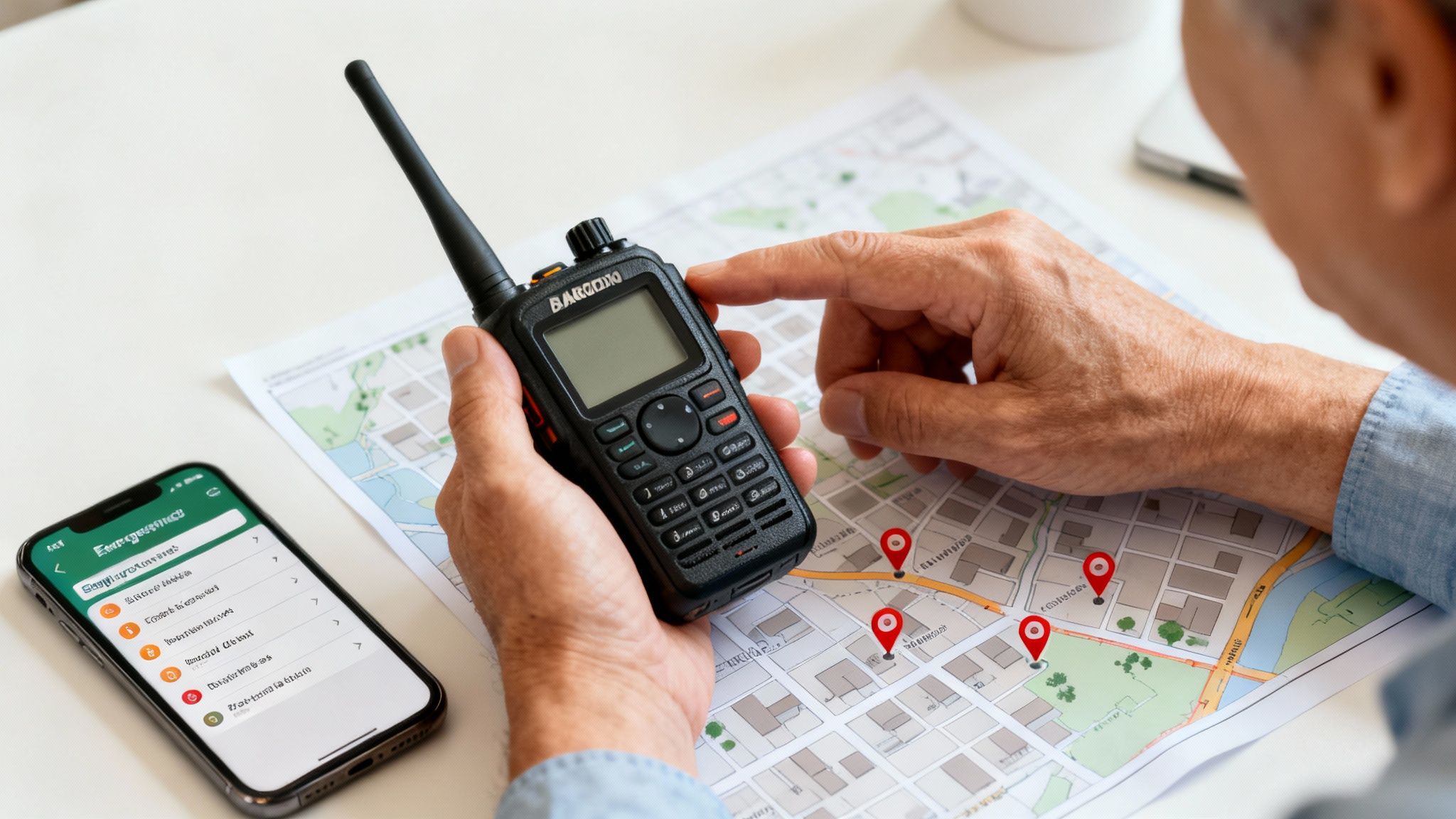 Hands hold a two-way radio and point to an emergency map with a phone showing alerts.