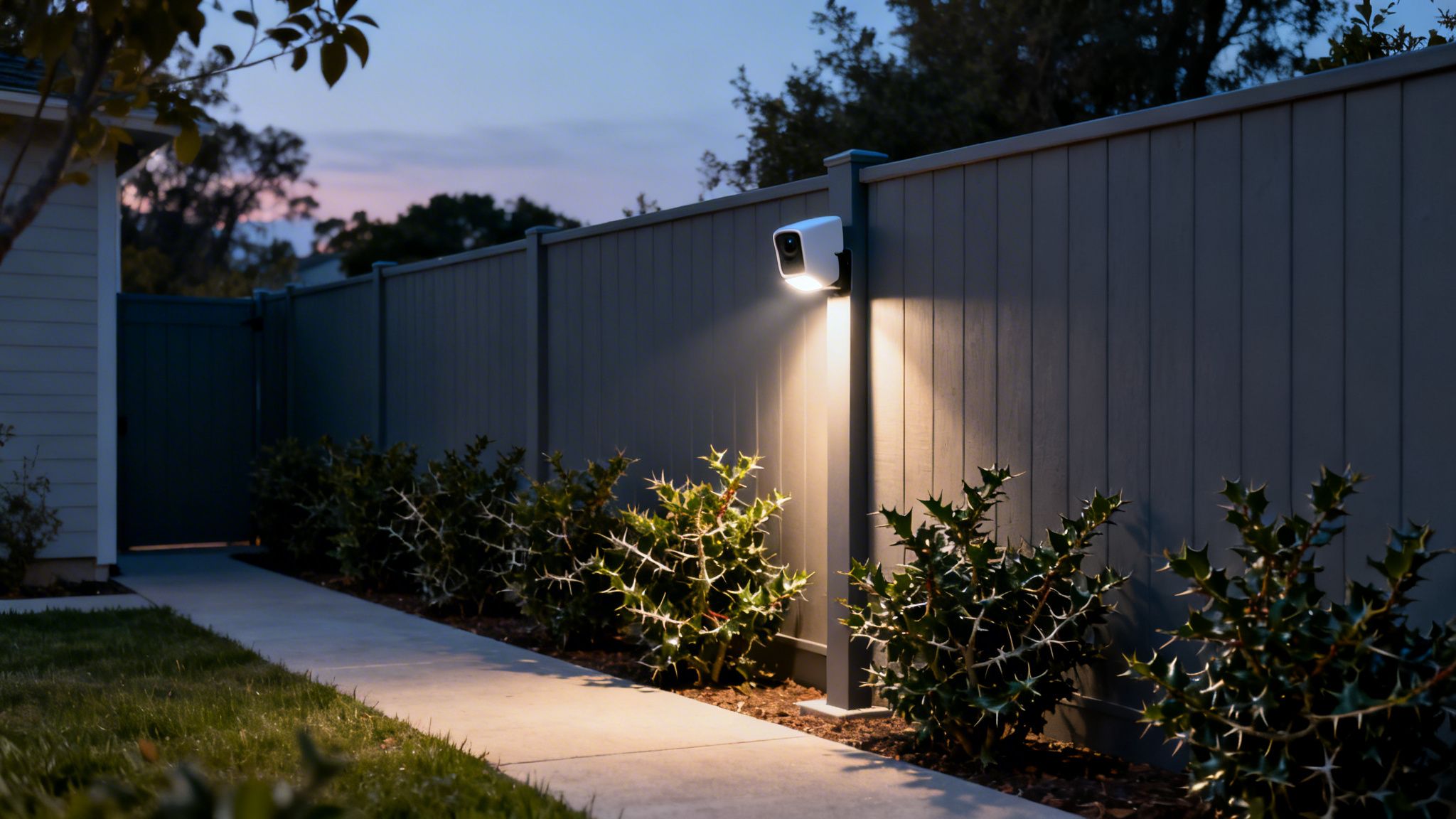 A white security camera with an integrated light illuminates a garden path and bushes next to a fence at dusk.