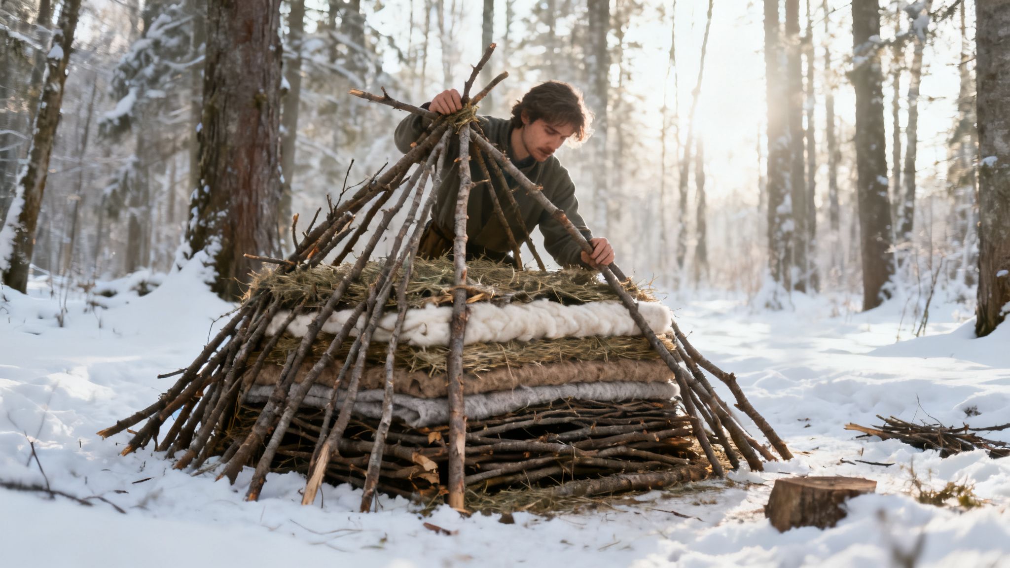 A man building a layered survival shelter with branches and natural materials in a snowy winter forest.