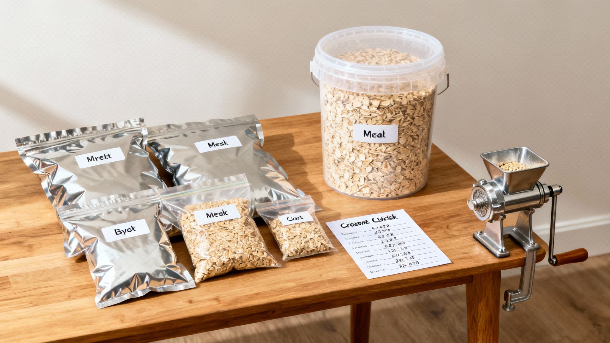Various food storage bags, a large container of oats, and a grain mill on a wooden table.